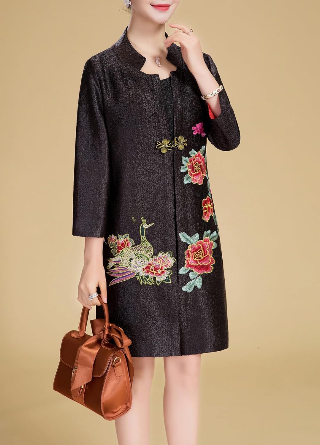 Women's Traditional Embroidery Mandarin Duck Flowers Crinkled One Button Blazer Chinese Jacket - Image 5