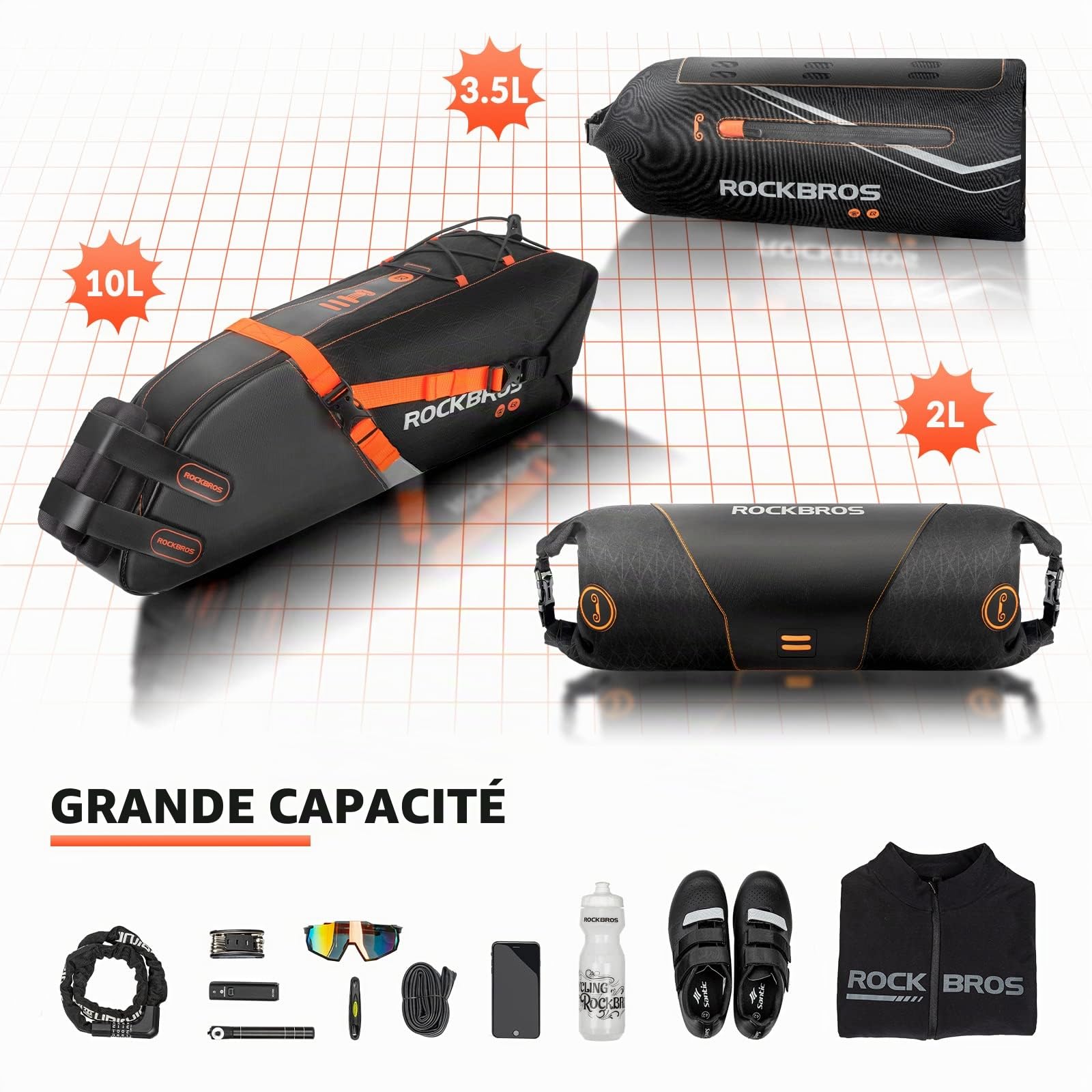 ROCKBROS Set de Sacoche de Vélo : Sacoche de Cadre + Sacoche de Guidon + Sacoche de Selle, Bikepacking 2L + 3,5L + 10L Grande Capacité Étanche, Noir Orange