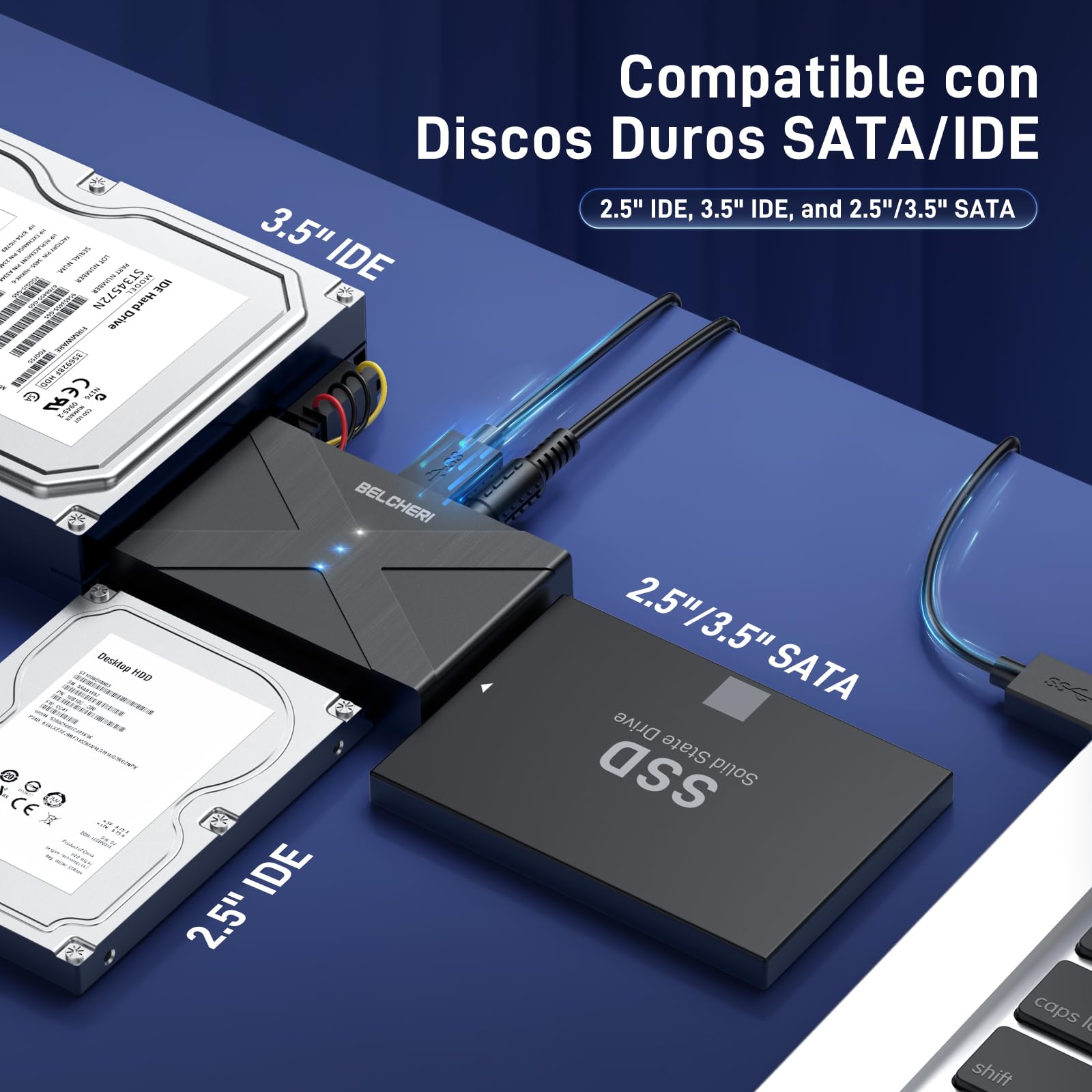 Adaptateur USB 3.0 vers IDE et SATA, Adaptateur Disque Dur Externe Universel 2.5" ou 3.5" SATA ou IDE HDD SSD, Convertisseur avec Alimentation 12V