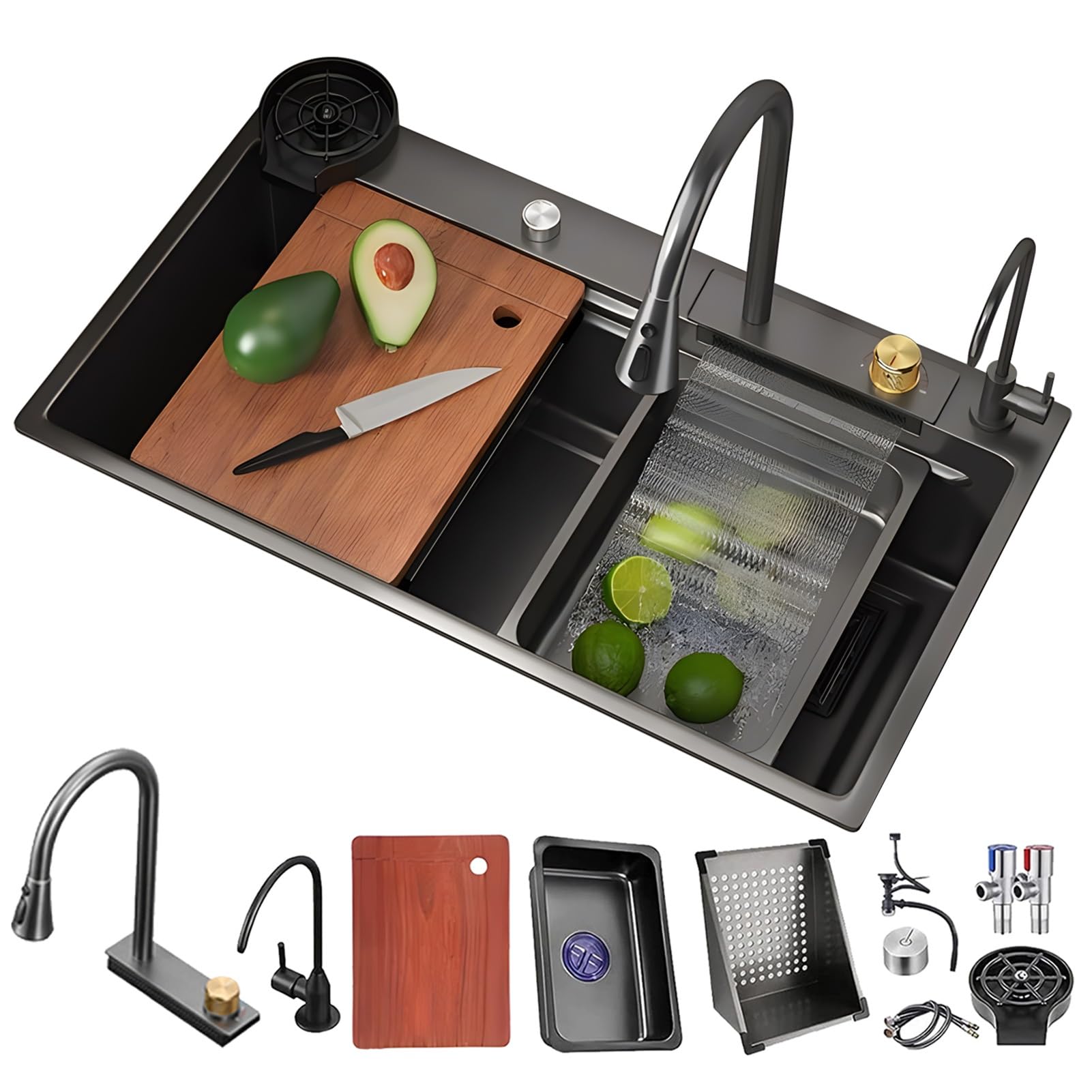 Set multifunzione da 80 x 50 cm in acciaio inox con lavello e tagliere, rubinetto ad alta pressione con spruzzatore estensibile e cestello antigoccia, ideale per cucina e preparazione di cibi