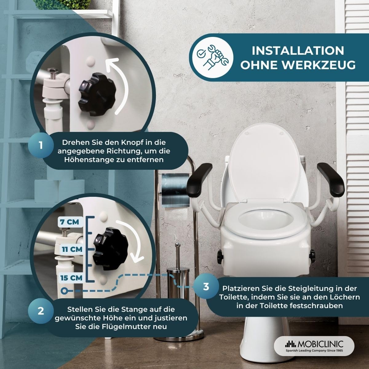 Mobiclinic®, Toilettensitzerhöhung mit Klappbaren Armlehnen, Tajo, 19 cm, mit Deckel, Höhenverstellbar (3 Stufen), Kippbar, Ideal für Senioren & Menschen mit Behinderung, Weiß