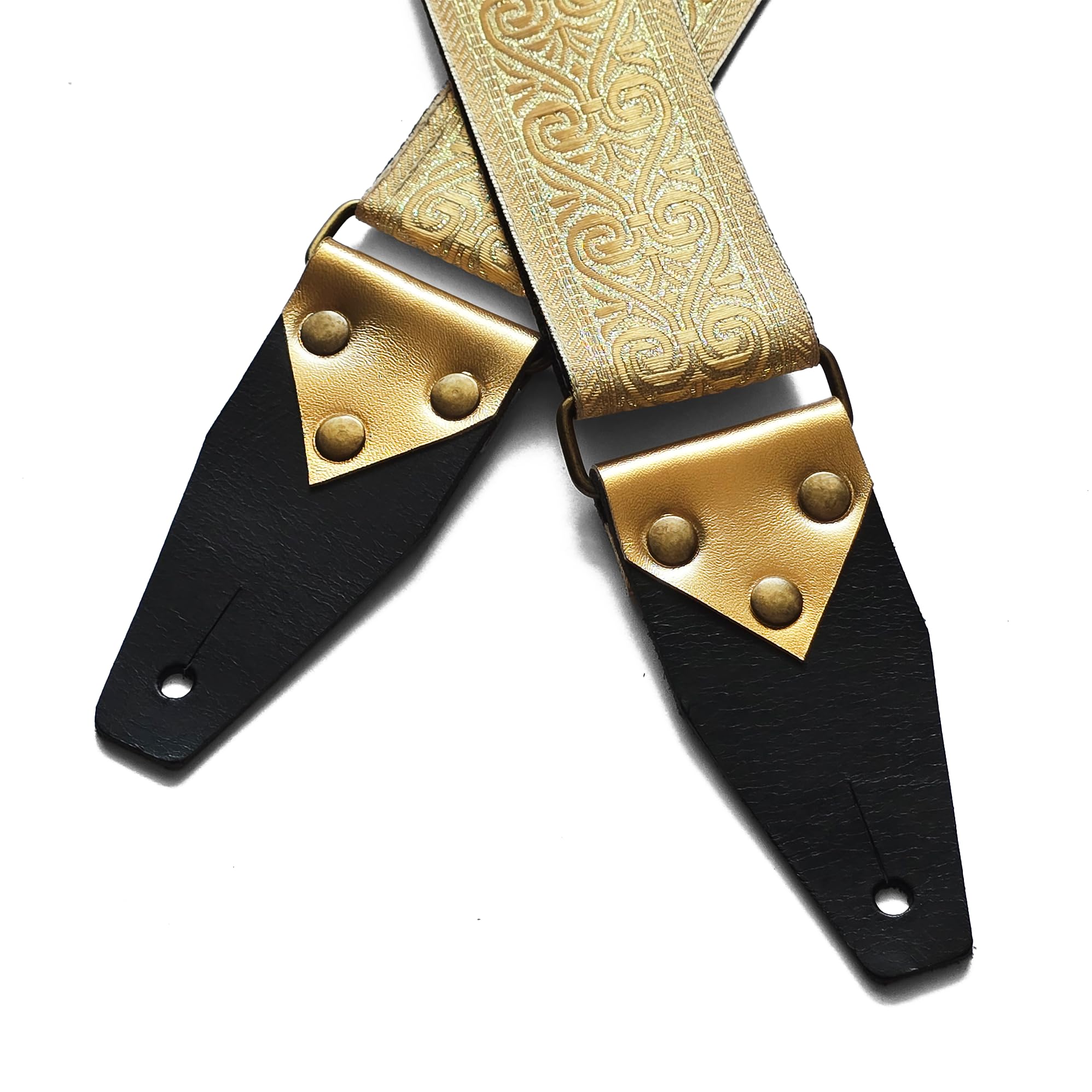 Goldener Gitarrengurt mit Plektrumhalter, Premium Gitarrengurt, E-Gitarrengurt, Lederenden, Vintage Design
