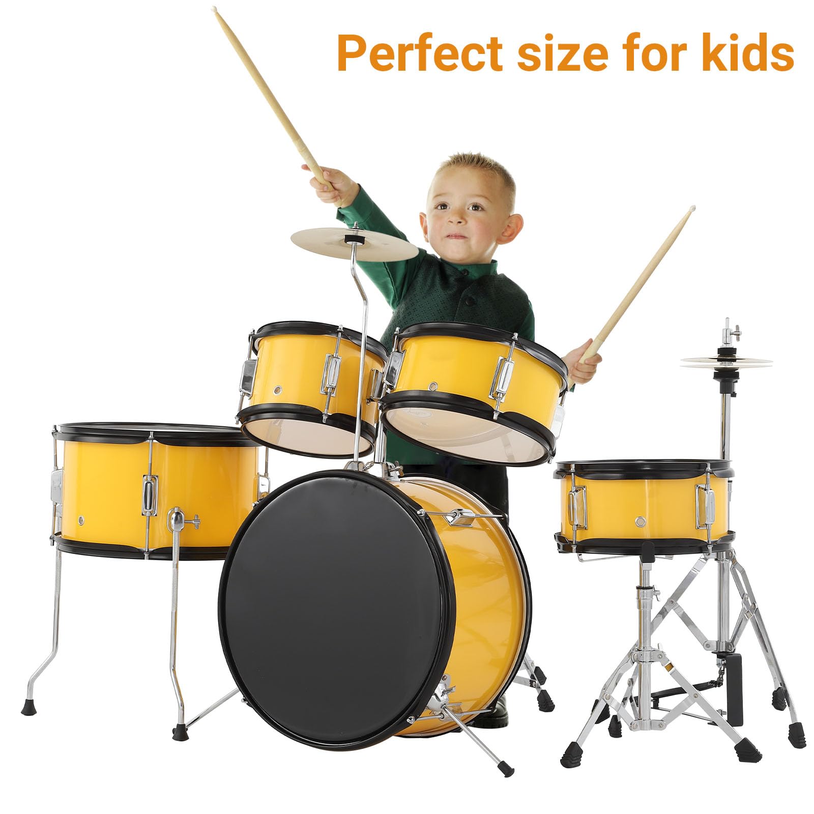 Juego de batería infantil de 5 piezas con bombo, caja de 2 toms, platillo, taburete, taburete, baquetas y pedales, regalo musical para principiantes a partir de 4 años