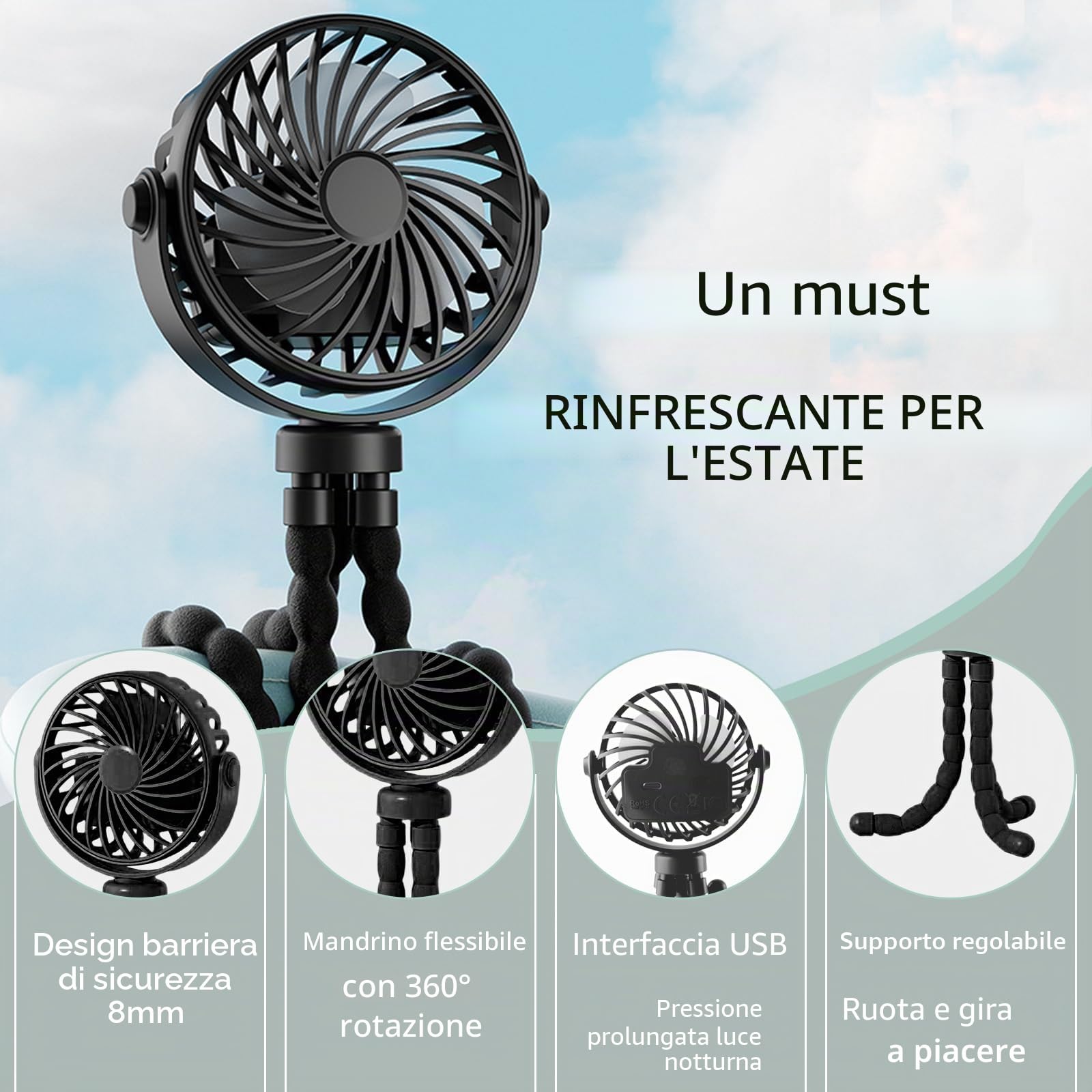 Ventilatore Portatile a Batteria Ricaricabile USB,Ventilatore Portatile Per Passeggino Rotazione a 360° a 3 Velocità con Treppiede Flessibile per Passeggino, Tapis Roulant, Culle (Nero)