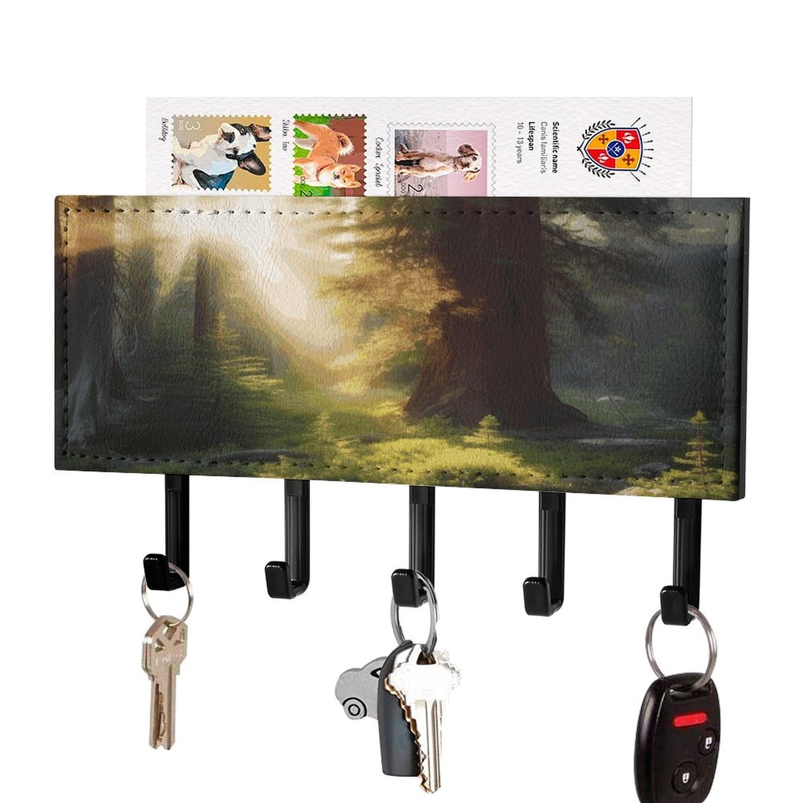 JTREHY Morning Sunlight in Wilderness Key Holder Wall Mount Decorative Key and Mail Holder PU Leather Adhesive Key Organizer Hanging Key Hooks Wall Shelf with 5 Hooks for Entryway Hallway Office