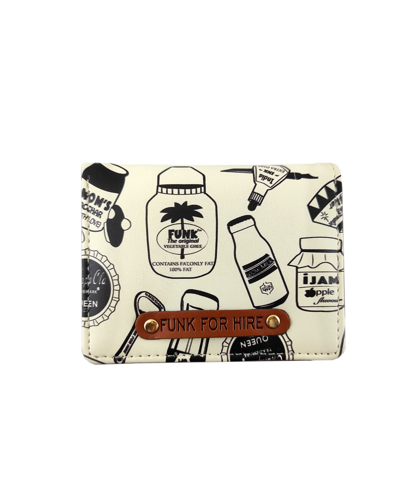 Funk For Hire Vegan Leather Slim Wallet for Men Women White Printed Card Holder Minimalist Bifold with 6 Card Slots Cash Compartment and Zippered Coin Pouch