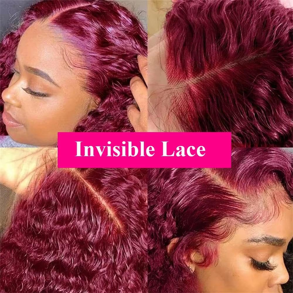 Haarpflege Burgunderrote Kurze Wasserwellen-Bob-Perücke 100% Echthaar 13 X 4 Lace-Frontal-Perücken 220% Dichte(220 Density,12inches)