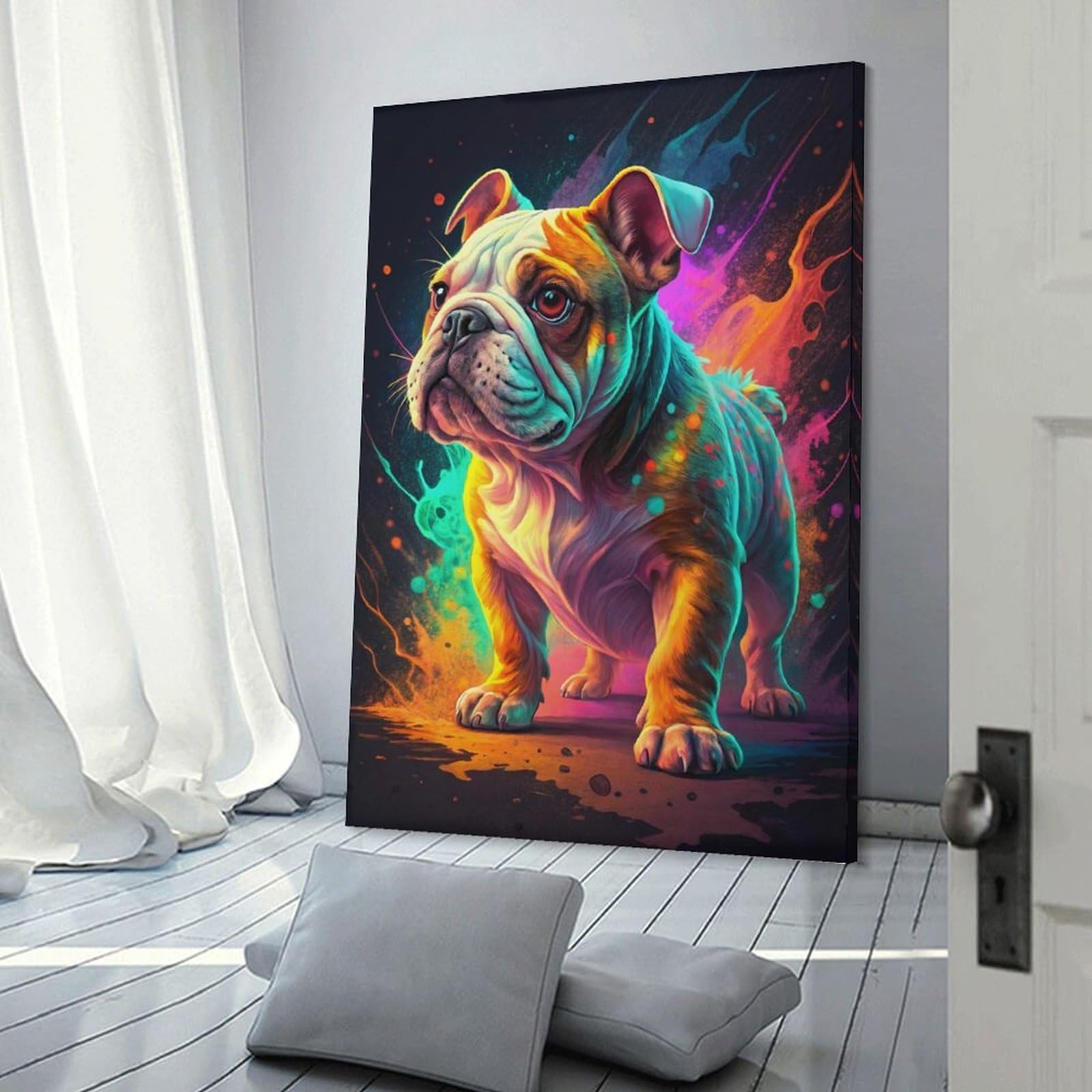 Junmoney Colorful Bulldog Portrait Decorative Canvas Print, 12x18inch(30x45cm), for Hallway, Bedroom Or Modern Interiors, Gift Idea for Housewarming And Birthdays
