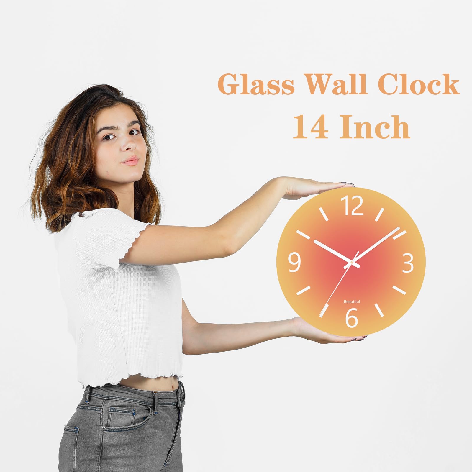 Grande horloge murale moderne en verre trempé, 35,6 cm, horloge décorative pour cuisine, bureau, salle de bain, salon, horloge ronde analogique à piles de style simple, orange