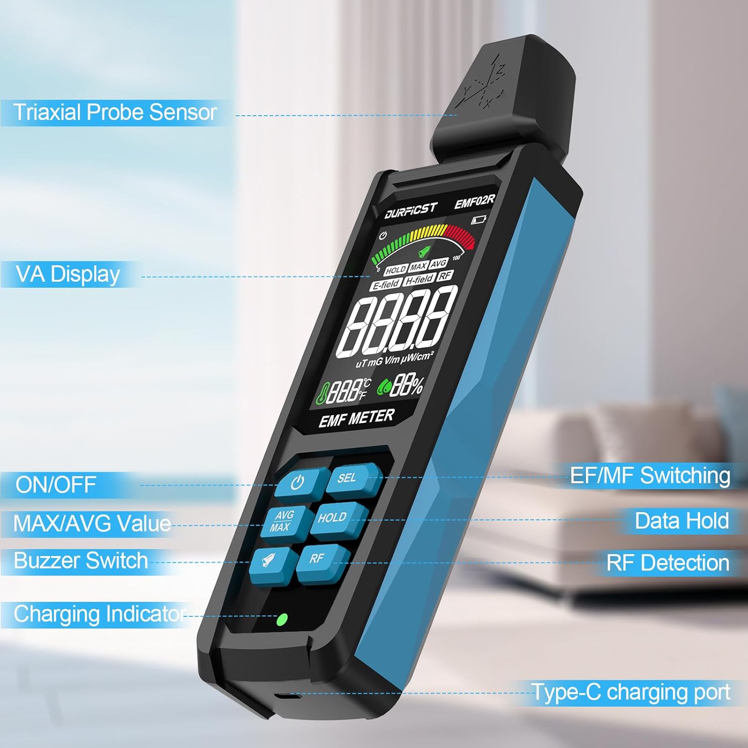 EMF Detector, DURFICST 5 in 1 Rechargeable Digital EMF Radiation Detector, Measuring Ambient Temp and Humidity, Suitable for Cell Phone Towers, Smart Meters, Home EMF Detection and Ghost Hunting