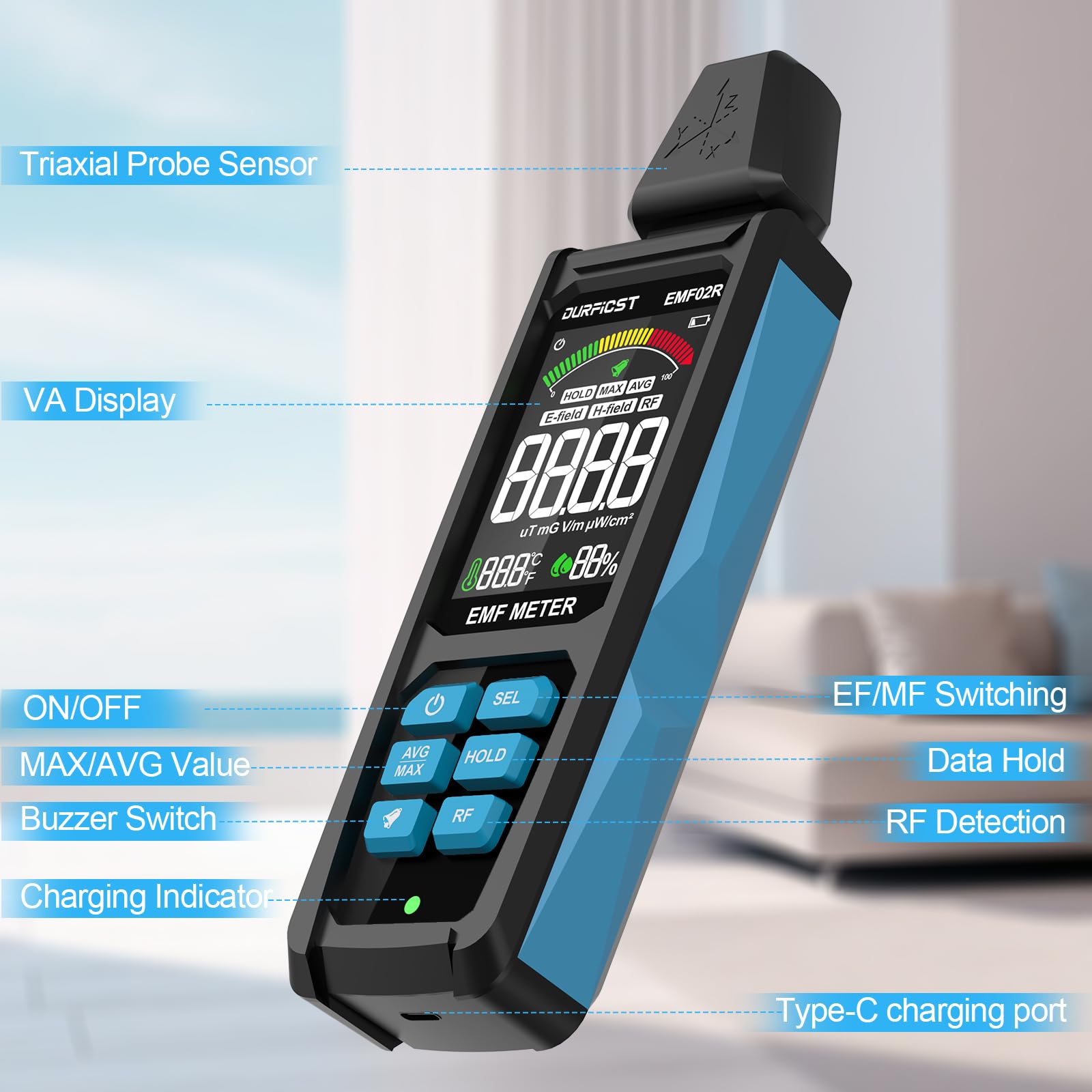 Miernik Pola Elektromagnetycznego, DURFICST 5 w 1 Akumulatorowy Detektor Promieniowania Pla Elektromagnetycznego Dla EF, RF, MF i WiFi, WieżeTtelefonii Komórkowej, Inteligentne Liczniki, Bluetooth
