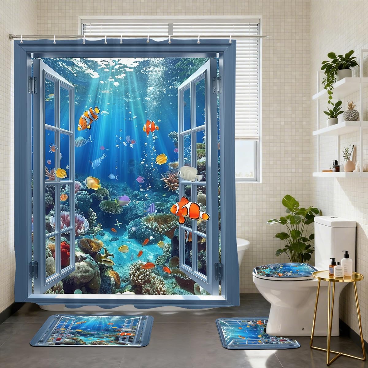 4 Piece Mountain Shower Curtain Set with Non-Slip Rugs, Toilet Lid Cover, Bath Mat Sakura Cherry Blossom Lake Sunset Window View Bathroom Decor with 12 Hooks, 72 x 72 Inch