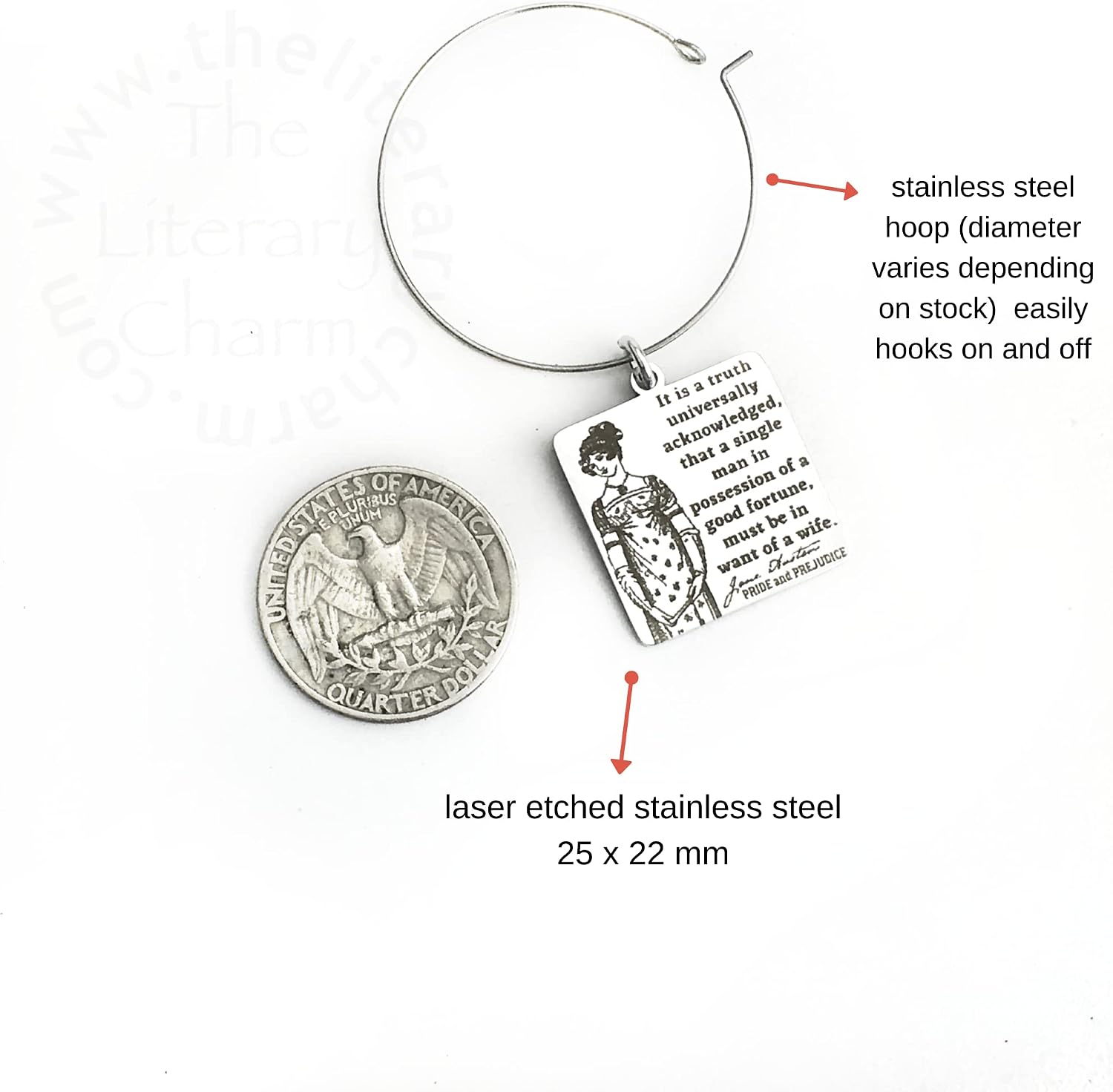 Jane Austen BOOK QUOTES Stainless Steel Wine Ring Hook Hoop Marker Charms