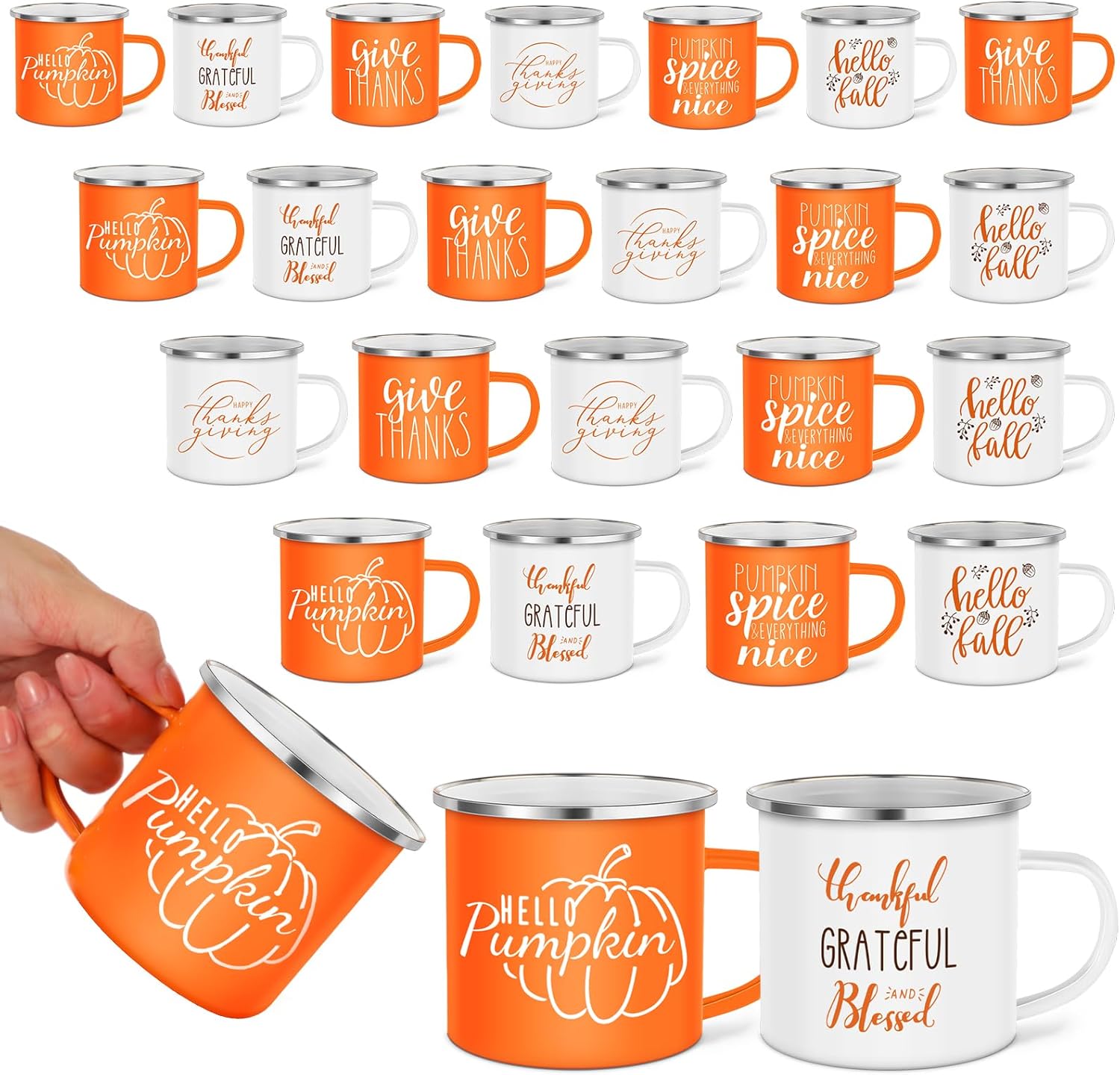 Fall Coffee Mugs 12 oz Thanksgiving Enamel Mug Autumn Coffee Mug Outdoor Camper Mug Hello Fall Pumpkin Spice Give Thanks Sign Camping Tea Cup Decor for Christmas Halloween Party Campfire(6 Pcs)