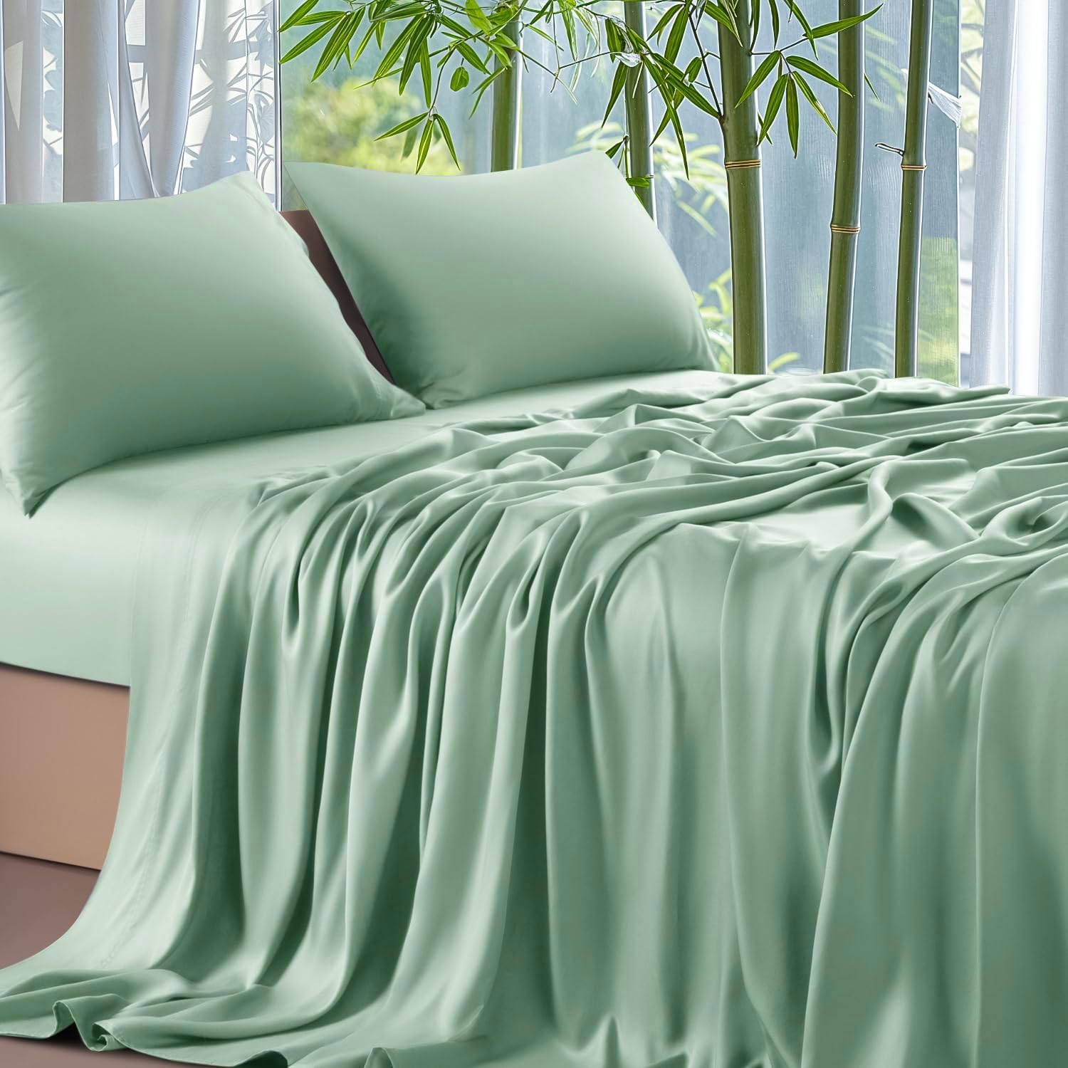 Gezu Bambus Lyocell Spannbettlaken 140x200cm Grün Salbeigrün aus aktmungsaktivem Material Temperaturregulierend Glänzend Bambusfaser Seide Bettlaken Spannbetttuch 140x200 für Hohe Matratze bis 15-30cm
