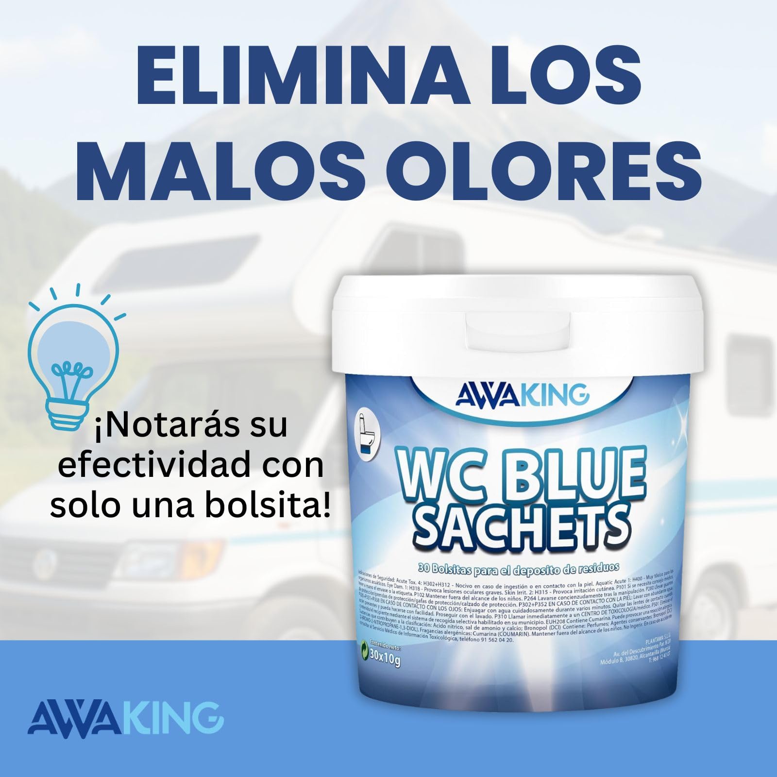 AWAKING Pastillas WC Quimico Autocaravana Blue Sachets 30ud | Limpia y Desodoriza. Fórmula Concentrada y Aroma Fresco Depósito Aguas Negras de Caravana, Limpieza profunda, Camper, Descompone Residuos.