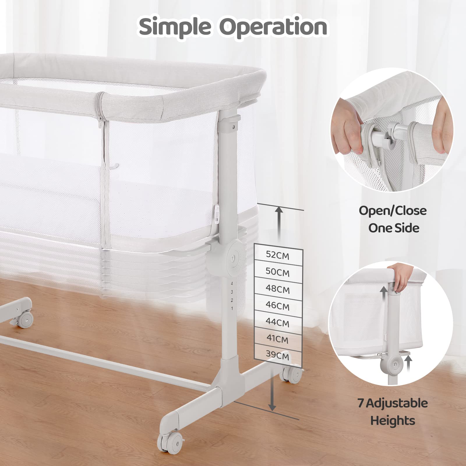 Ezebaby Lit Cododo, Berceau Bébé 2 en 1, dès la Naissance et jusqu'à 9kg, 7 Réglage de la Hauteur, avec Matelas Roues Fenêtres Latérales en Maille (Gris Clair)