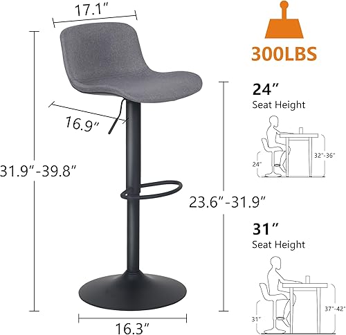Miniatura 2 de YOUTASTE Juego de 2 taburetes de bar de tela gris, modernos taburetes tapizados de altura de mostrador, taburete de bar giratorio ajustable con