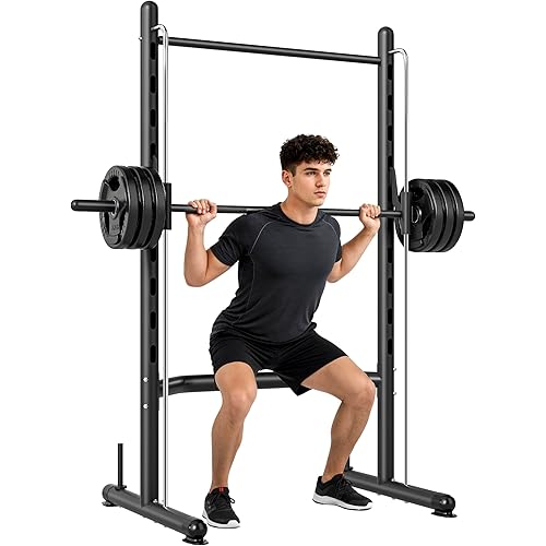 Soozier Squat Rack with Barbell Bar, Adjustable Power Rack with Pull-Up Bar, Multi-Functional Bench Press Rack for Home Gym Strength Training (Black)