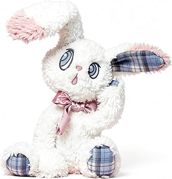 White Bunny Plush Toy | 16 Inch Asymmetrical Long Ears Stuffed Animal | Soft Cuddly Rabbit Plushie Doll | Whimsical Holiday Birthday Gift for Kids Ages 3+