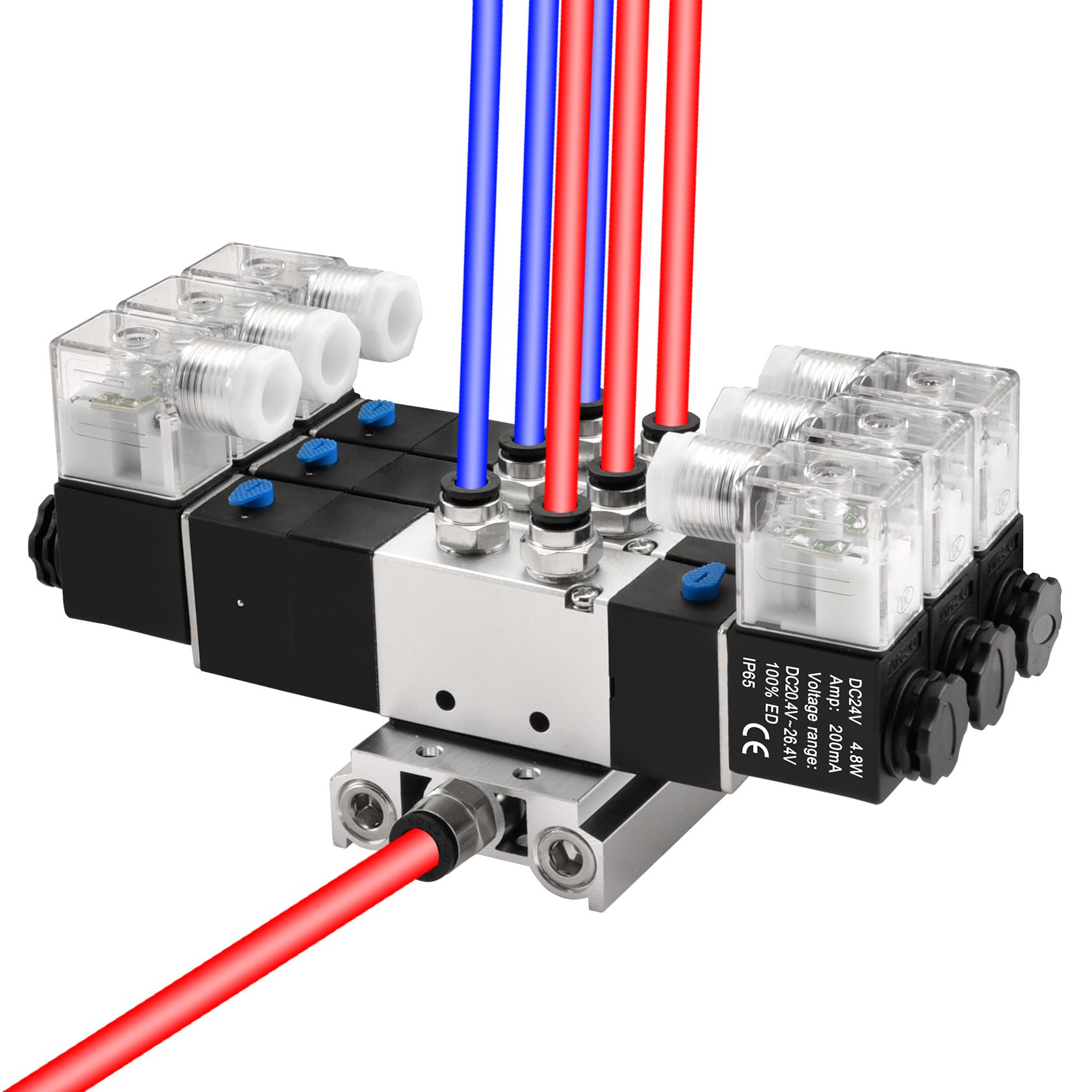 Heschen 4V230C-08 - Juego de colector de válvula solenoide triple neumática eléctrica, 24 V CC, PT 0.25 pulgadas, 5 vías, 3 posiciones centrales cerradas, kit completo con base de colector