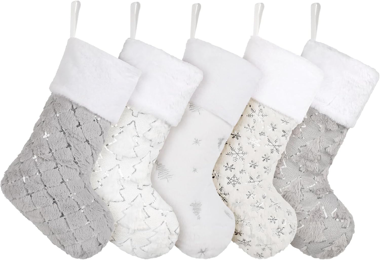 Amorita White Christmas Stockings Set of 5 - Lage Elegant Xmas Stockings with Silver Christmas Tree Snowflake Designs, Fluffy Grey and White Christmas Stockings for Holiday Party Decorations 20 inch