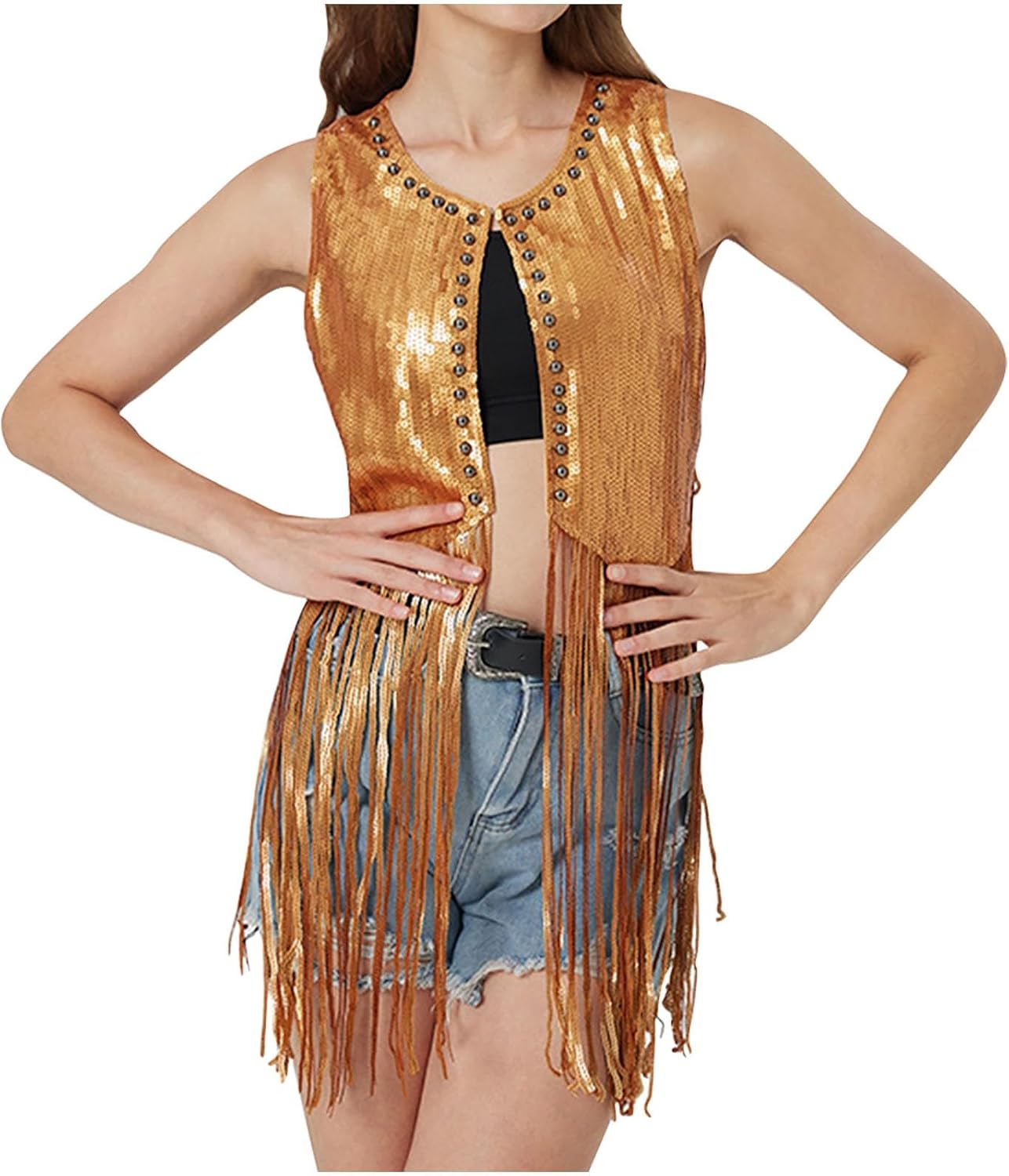 Western Cowgirl Costume for Women Cowboy Tassel Vest Sleeveless Sequins Fringe Jacket Cardigan 70s Hippie Vests