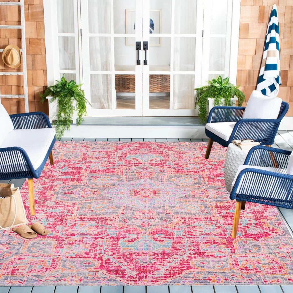 Vintage Distressed Red Grey Traditional Floral Outdoor Area Rugs 9x12 Machine Washable Waterproof Retro Outdoor Rug for Graden Backyard Balcony Patio