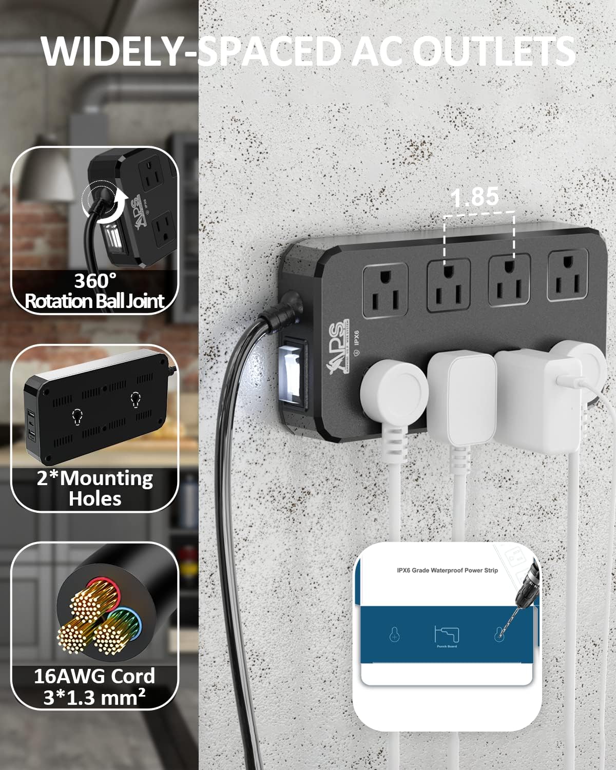 QIYUAN IPX6 Waterproof Outdoor Power Strip, Surge Protector with 8 Outlets & 3 USB Ports (2A1C), 10FT Flat Plug Extension Cord for Garden Patio - Fireproof ABS, Black