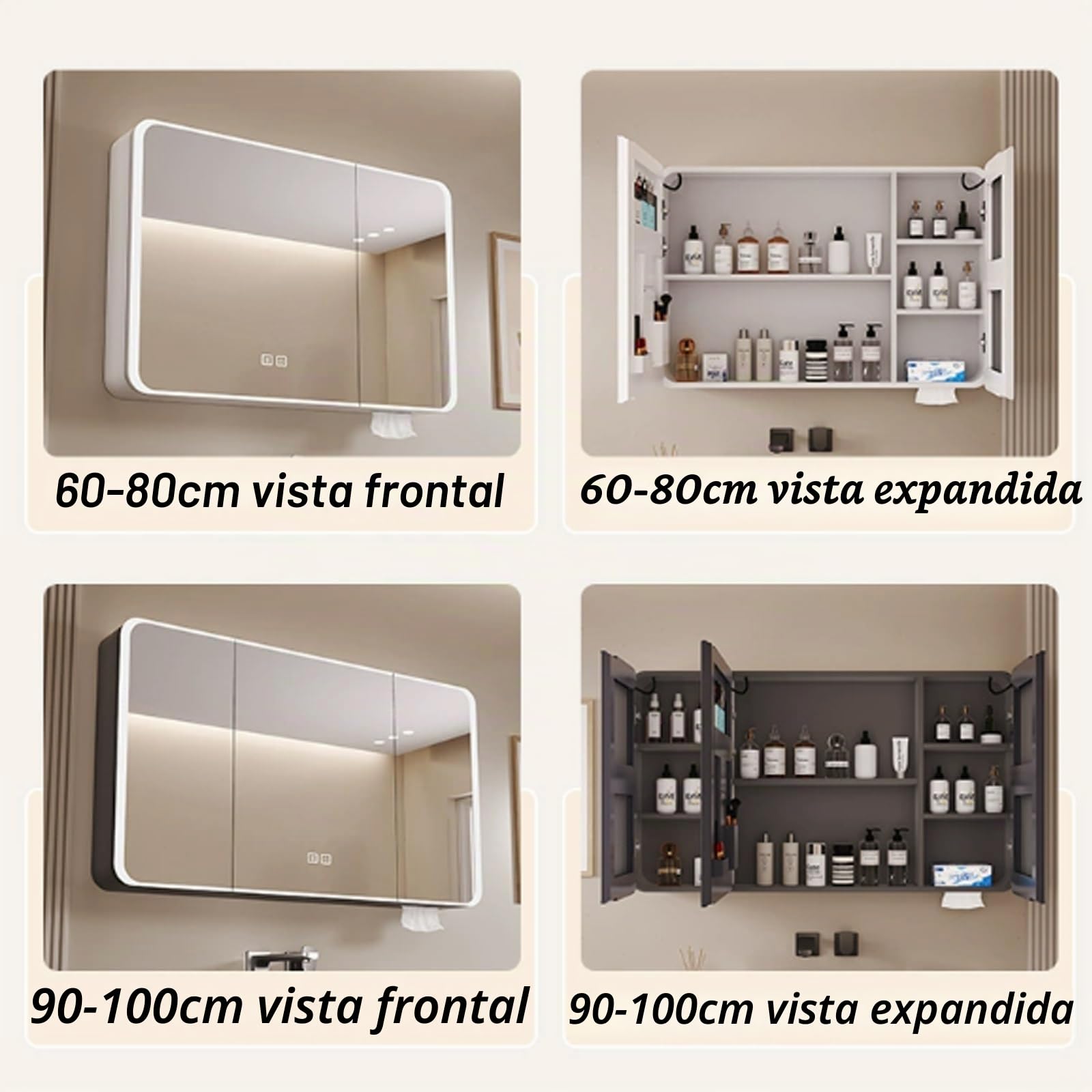 Moderna Armario Espejo Baño con Luz LED, Aluminio Rectangular, Antivaho, Maquillaje Inteligente, Sensible al Tacto ( Color