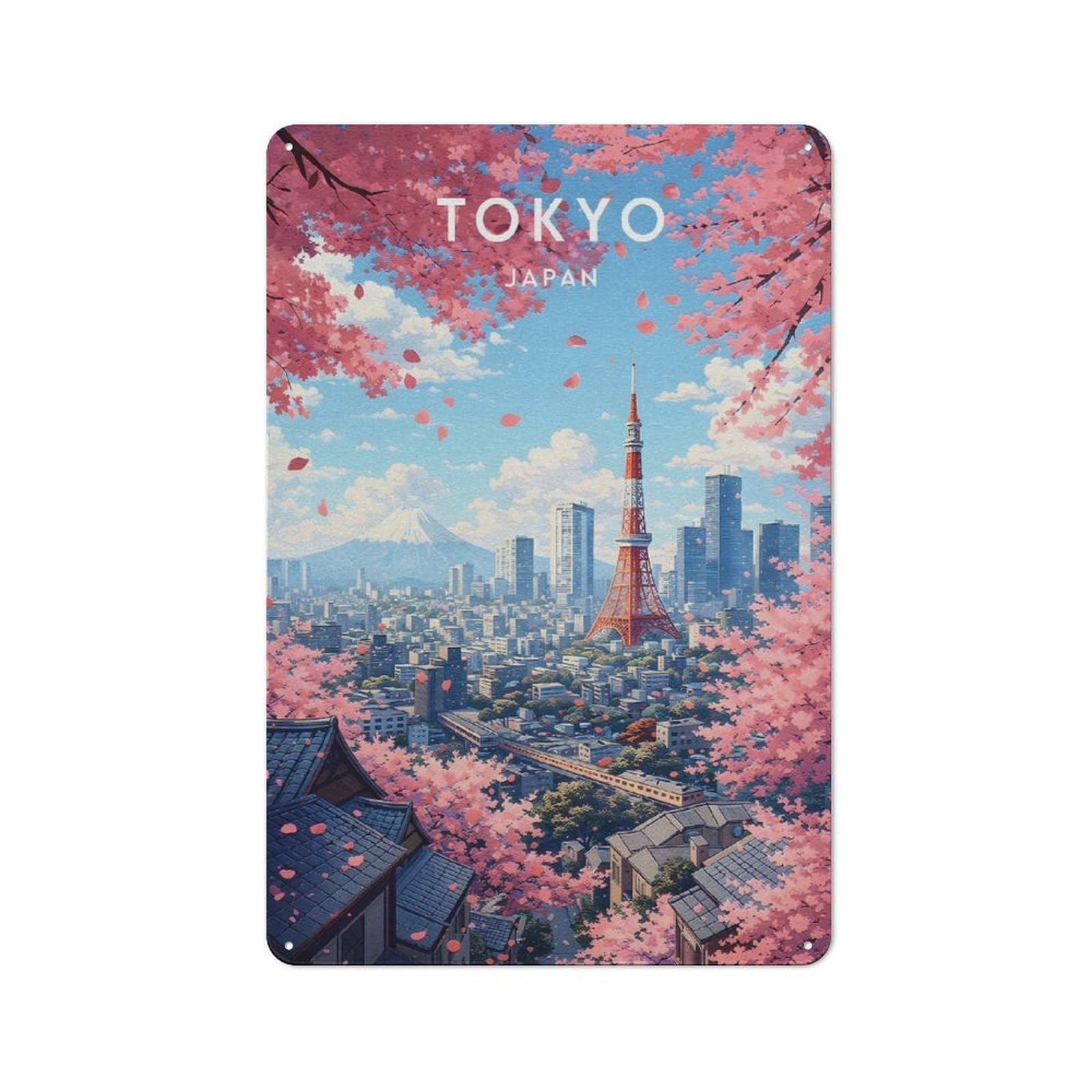Tokyo Cityscape with Cherry Blossoms Decorative Metal Wall Decor 30x20cm, Decorative Tin Plaque for Bedroom, Kitchen, Office Or Living Room