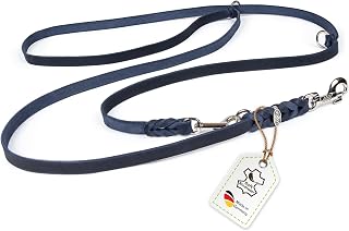 Hundeleine Leder 5m große Hunde Fettlederleine [3-Fach Verstellbar] Lederleine geflochten – robuste Leine Hund mit Chrombeschlägen, Führleine Hund & Freihandleine zum Umhängen, Dog Leash Blau 18mm