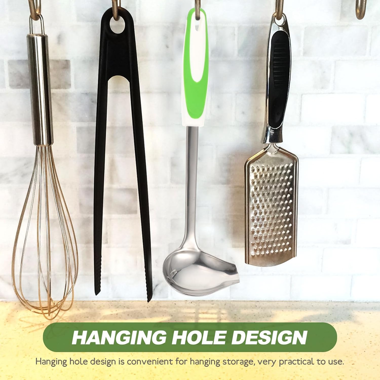 Mobestech Stainless Steel Sauce Spoon with Non-slip Handle and Pouring Spout, Small Gravy Ladle for Kitchen Use, Green Polished Dressing Spoon for Home Cooking