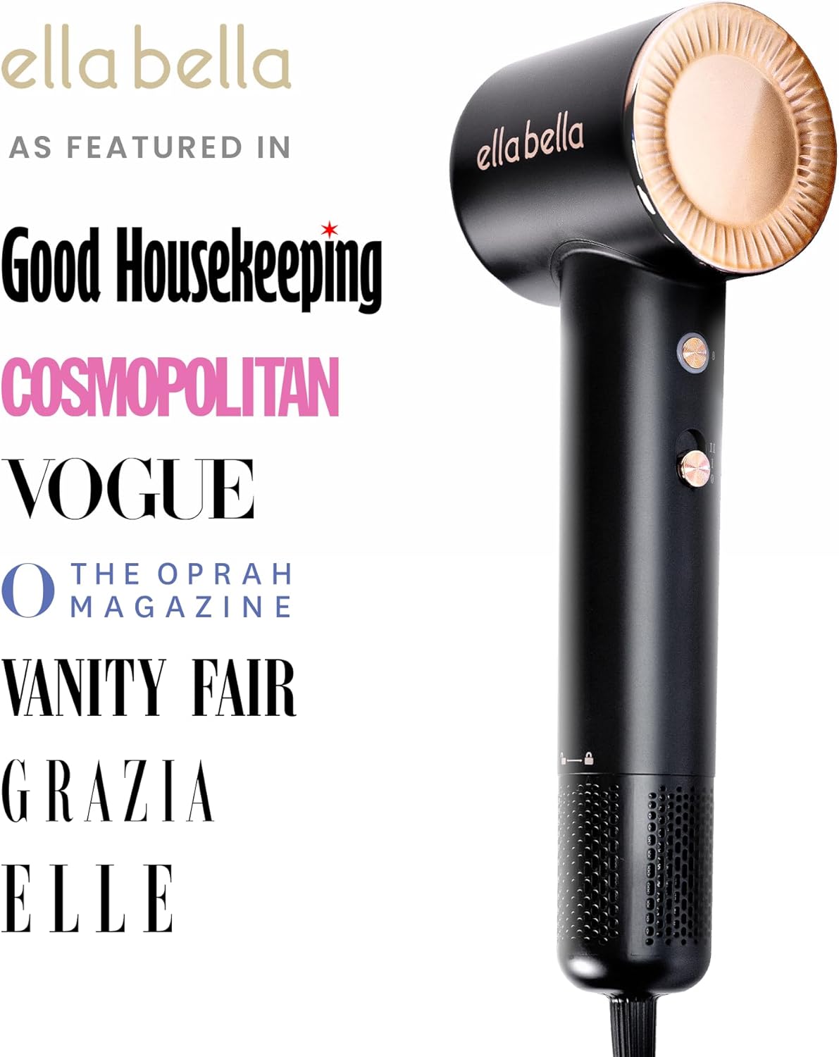 ELLA BELLA® Compact Plasma Hair Dryer, Advanced Plasma Technology Blow Dryer with Digital Display, Rapid Drying, Low Noise, & Luxury Velvet Travel Bag - Includes Diffuser & Nozzle- for All Hair Types - Image 4