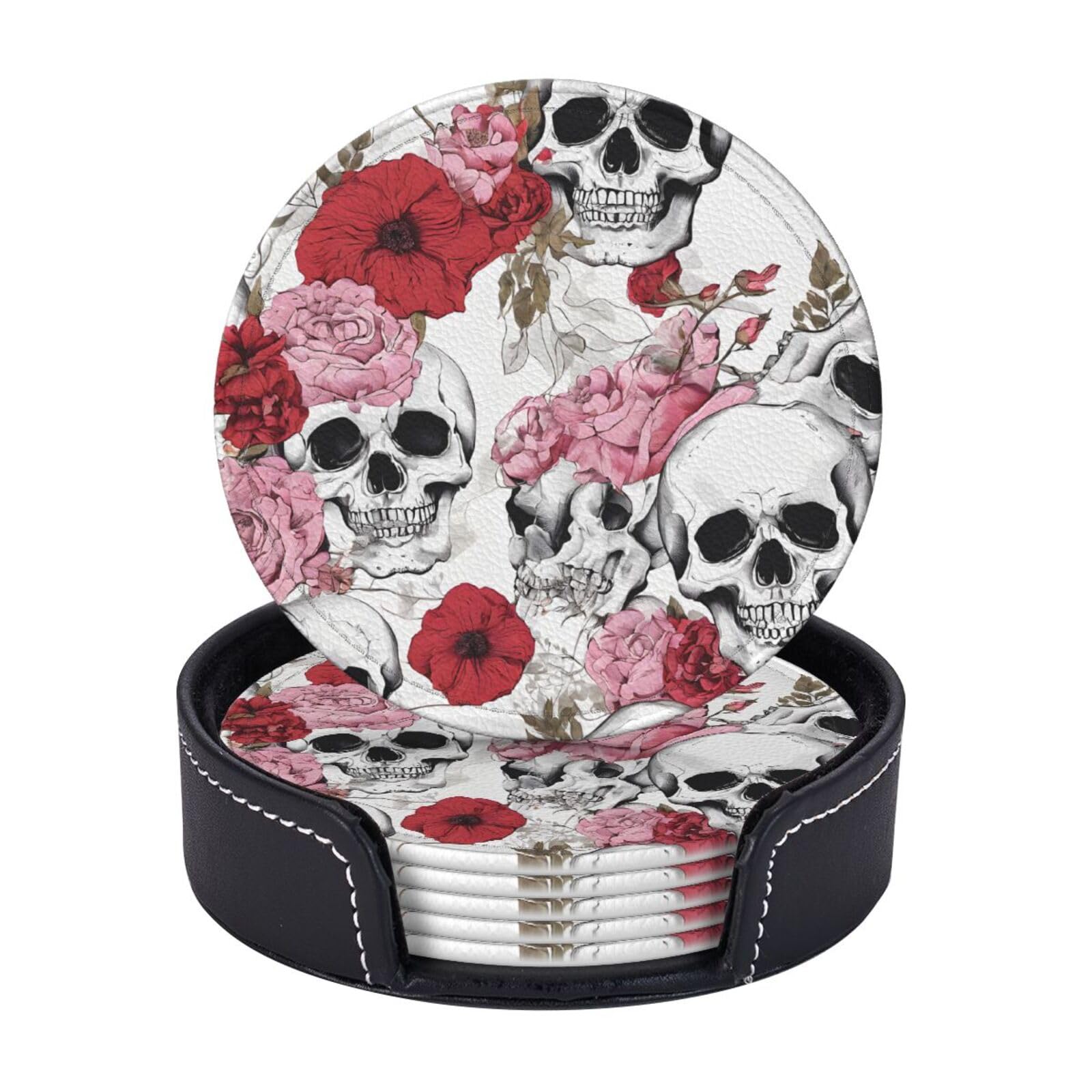 Coasters Set of 6 Microfiber PU leather Coasters with Holders for Drinks Coffee Bar Accessories, House Apartment Coffee Table Decor, Housewarming Gifts - color skulls