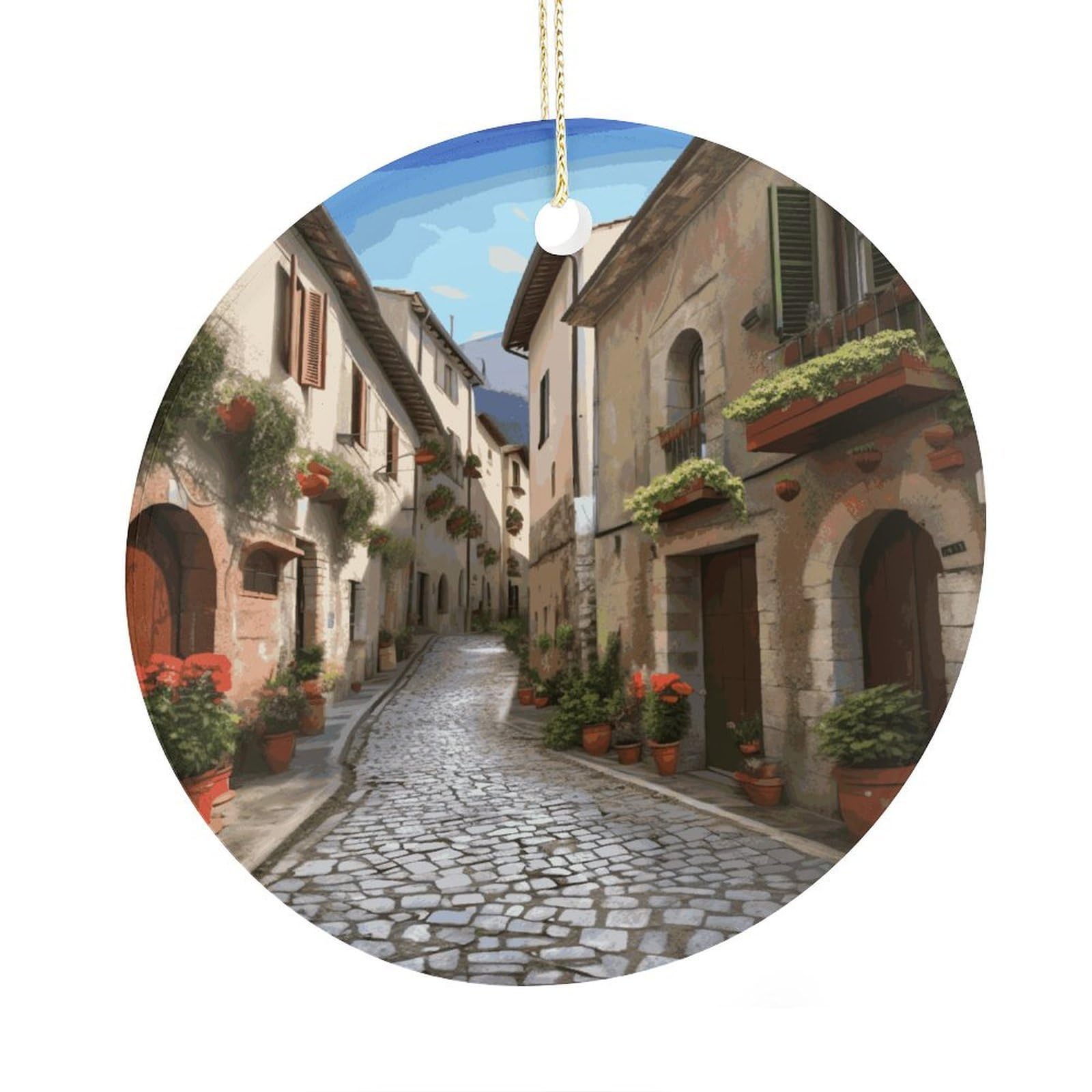 Fekiloot Style Italian Town Street Christmas Ornaments 2.9 Inch Round Ceramic Ornament Keepsake Thank You Gifts For Office, Room, Home - Holiday Present Ideas