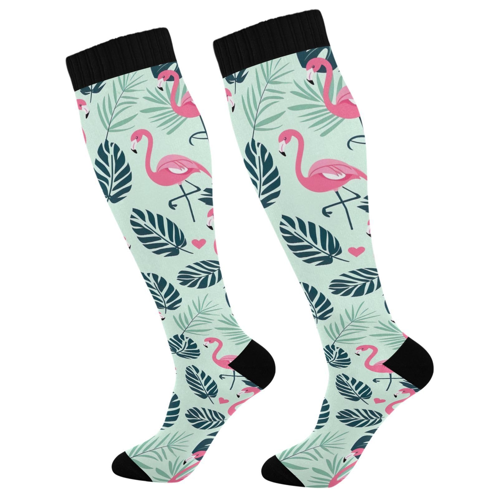 GakkiGii Flamingo & Leaf Compression Socks for Women & Men – Knee High Support for Running, Nurses, Travel, Workout – 1 Pair