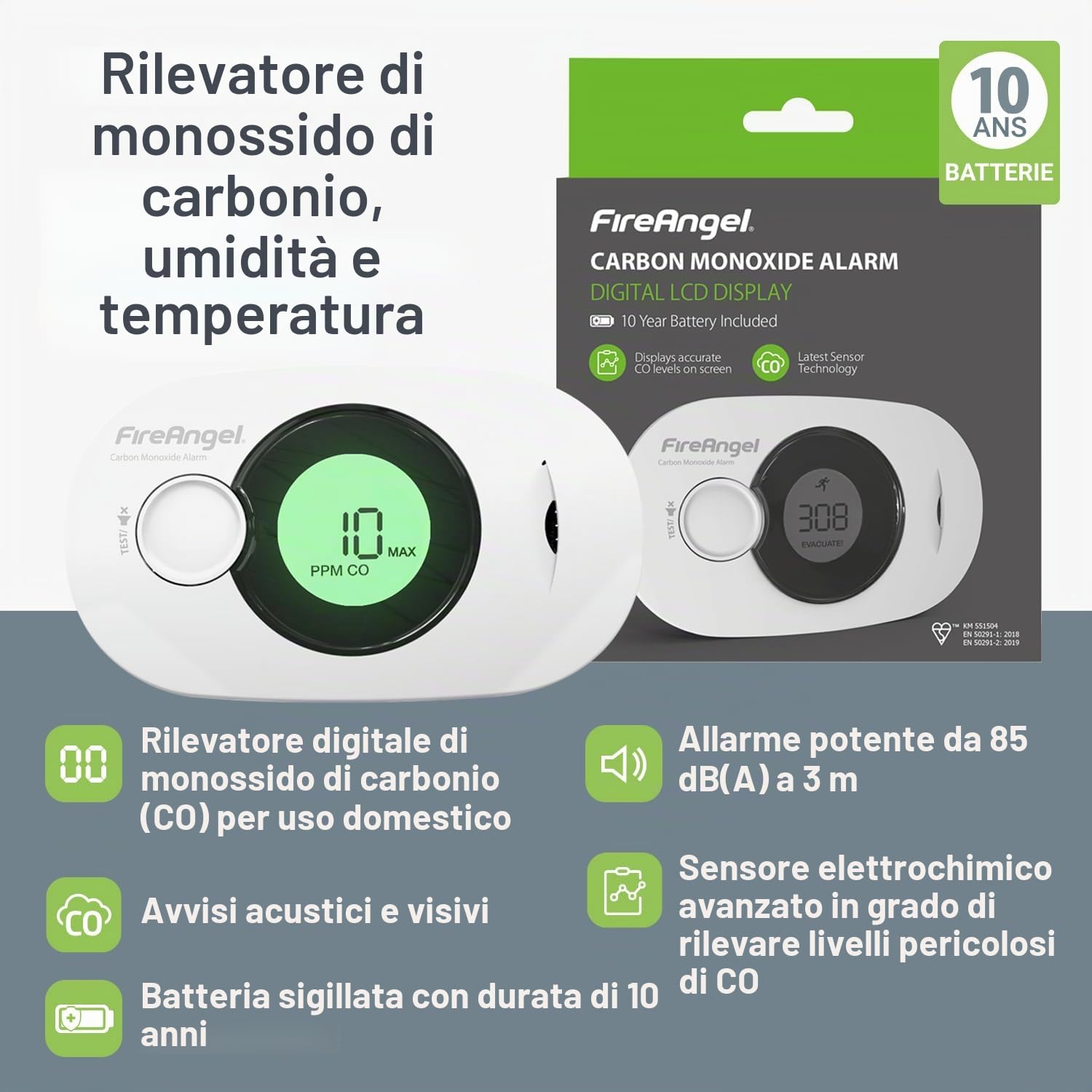 FireAngel FA3322, Rilevatore di Monossido di Carbonio Digitale, Monitor Rilevatore di CO, Sensore di umidità e temperatura Portatile con Batteria 10 Anni, NF certificato