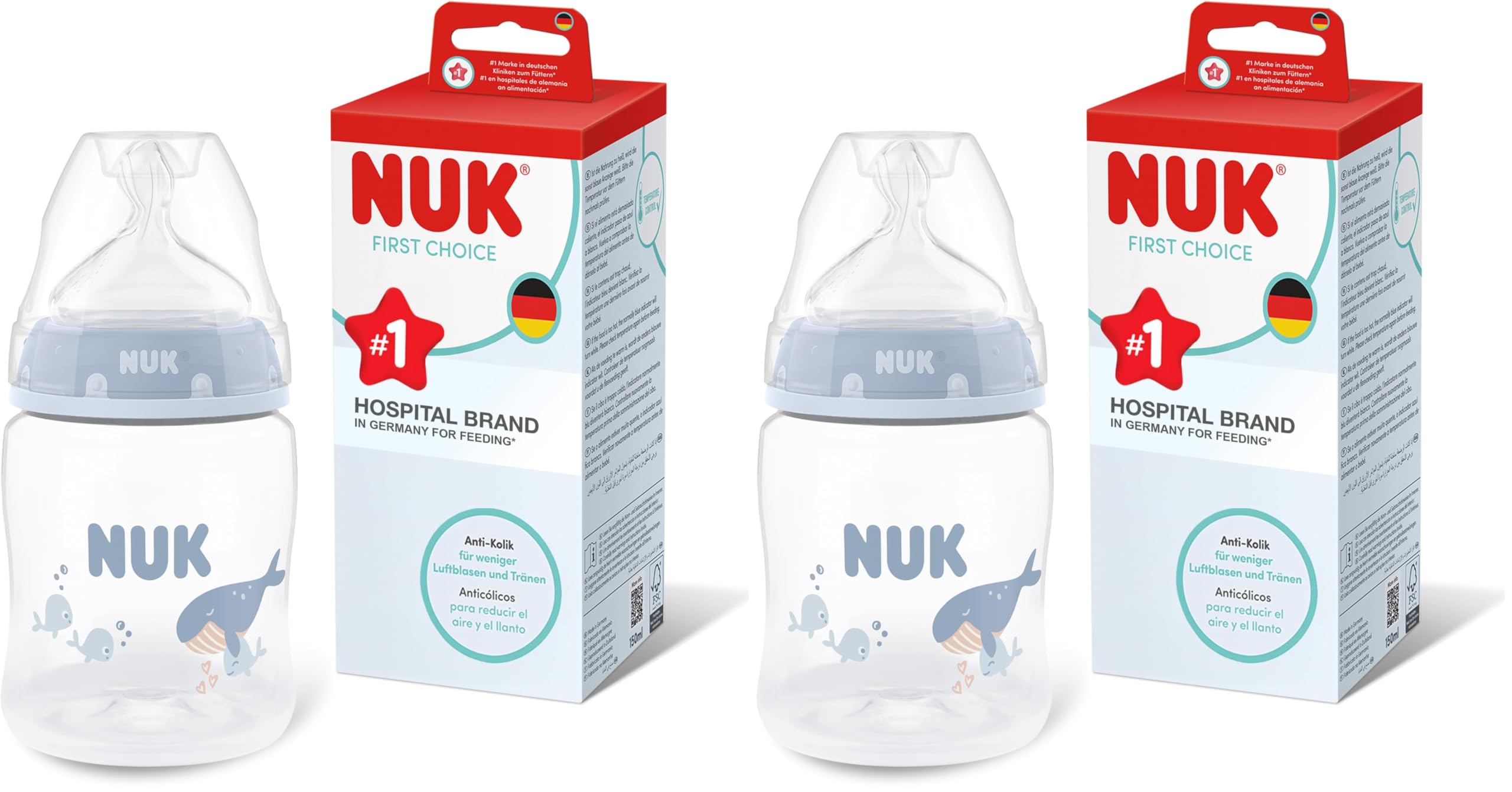 NUK First Choice Babyflasche | 0+ Monate | 150 ml | Anti-Kolik-Trinkflasche | PP | Temperature Control Anzeige | Wal | 1 Stück (Packung mit 2)