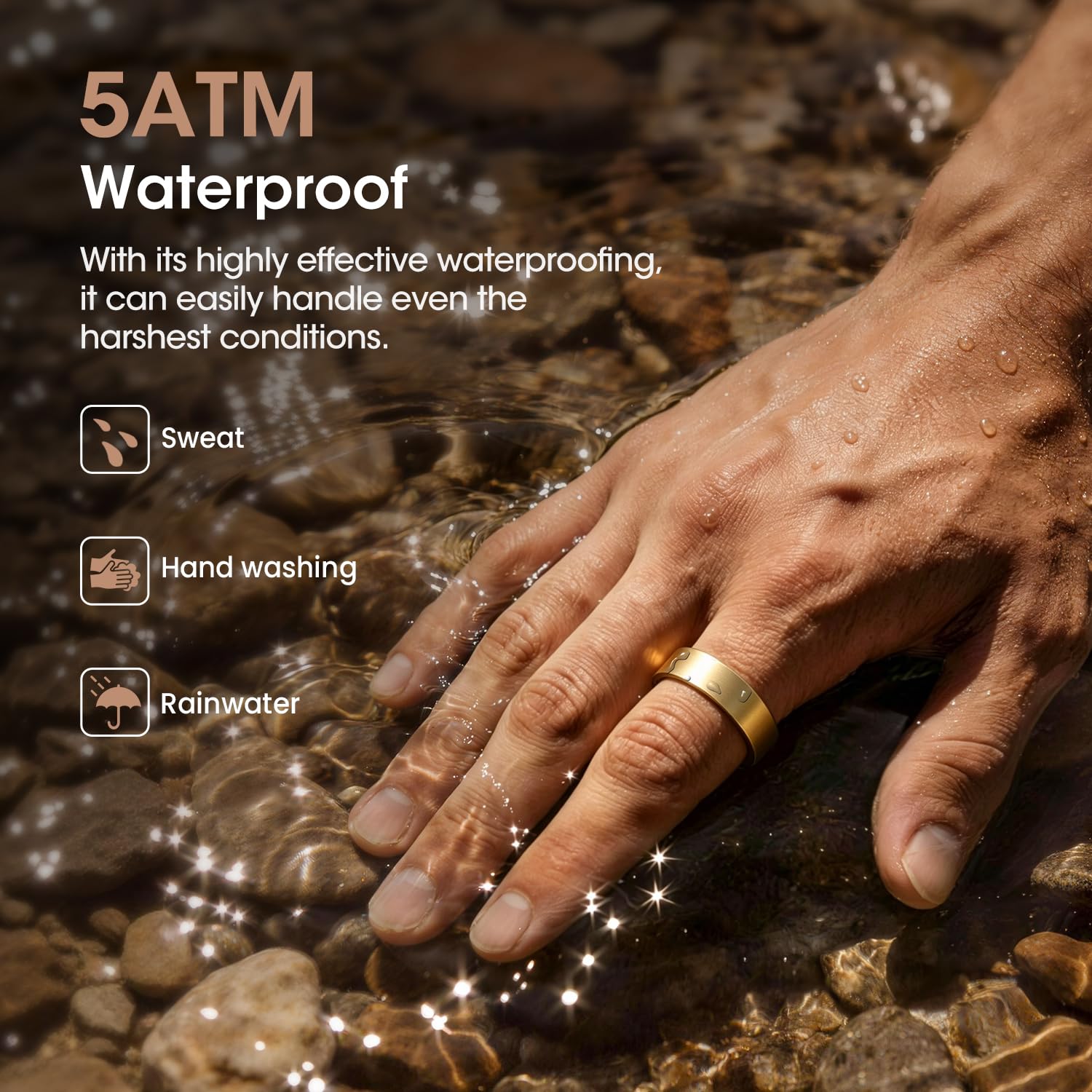 NAIXUES Smart Ring Herren Damen, Fitness Ring Tracker mit Gestensteuerung, Herzfrequenz(HRV), SpO2, Schlaftracker, 170+ Sportmodi 5ATM Wasserdicht Smartring für Android und iOS, Size 9, Gold