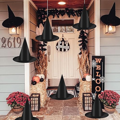 Miniatura 5 de 12 sombreros de bruja negros con cuerda para colgar, 16 calcomanías de murciélagos 3D para Halloween, interiores y exteriores, decoración de fiesta,