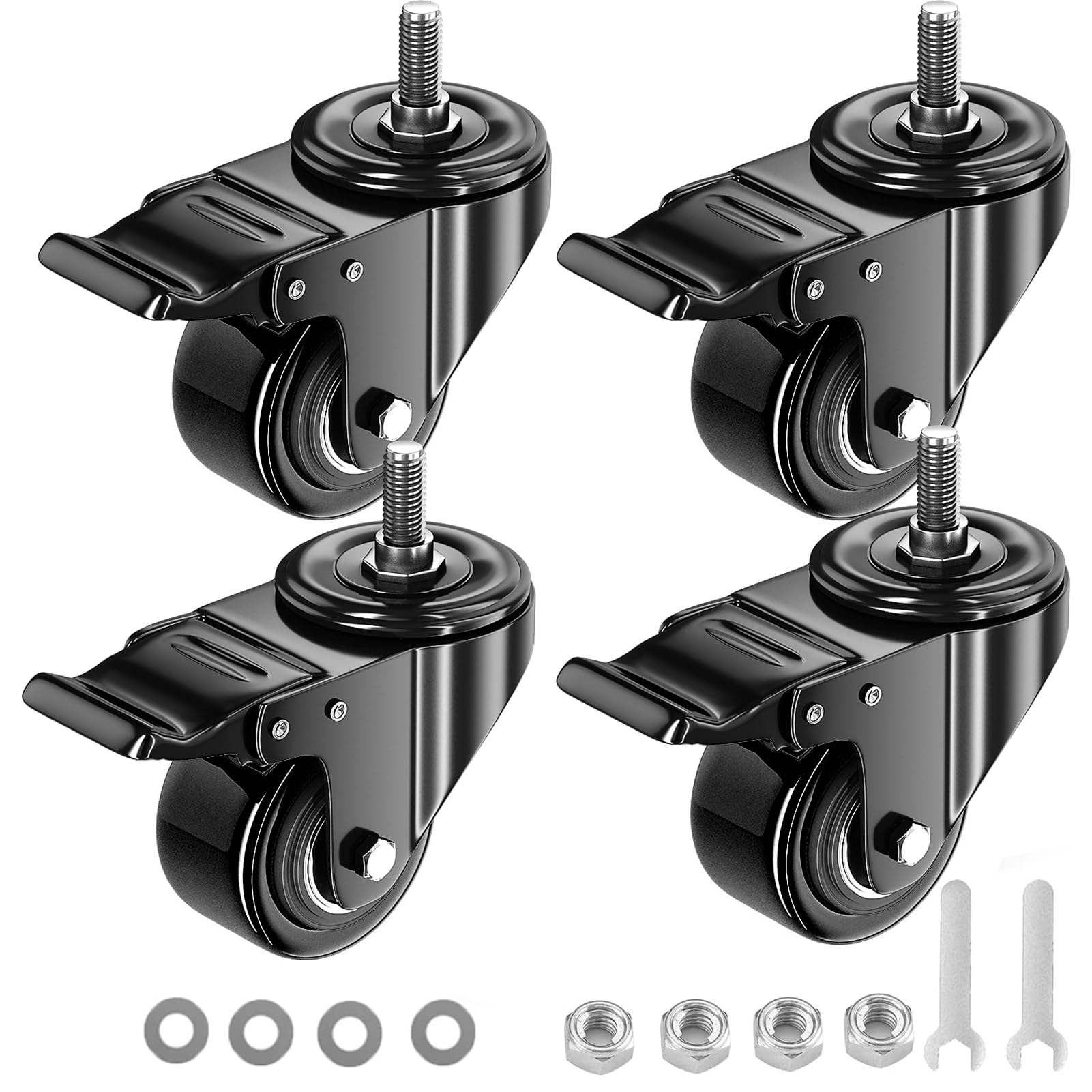 YUPEZOP 2-calowe kółka jezdne trzpieniowe wytrzymałe, obrotowe kółka jezdne z gwintowanym trzpieniem UNC 3/8"-16 x 1", zestaw 4 sztuk z hamulcem, bezpieczne podwójnie blokowane kółka do mebli i wózków