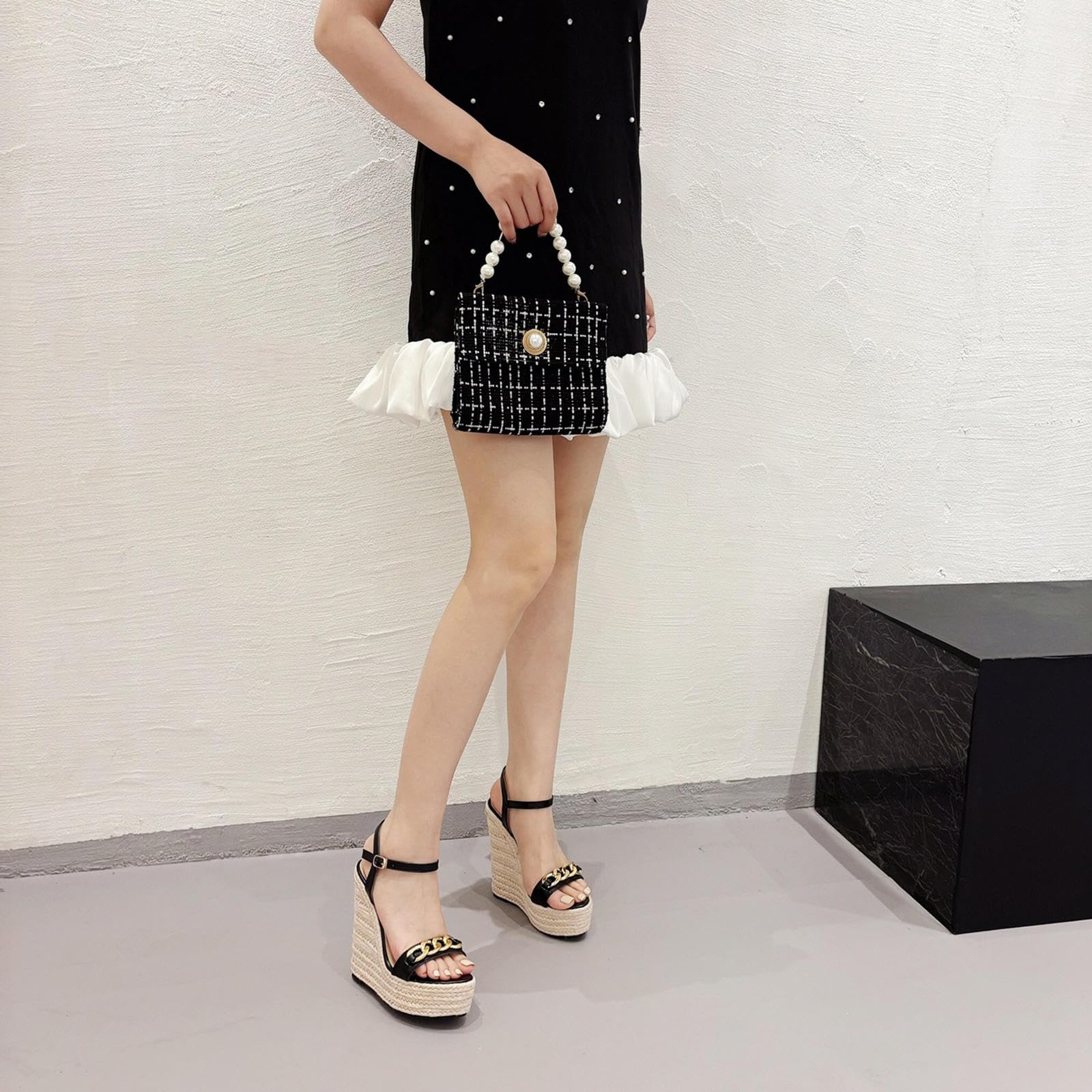 High Heels Damen Plateau Wedges Sandalen Slingback Knöchelriemen Offene Zehen Pumps Party Abendschuhe 14cm,Black-39