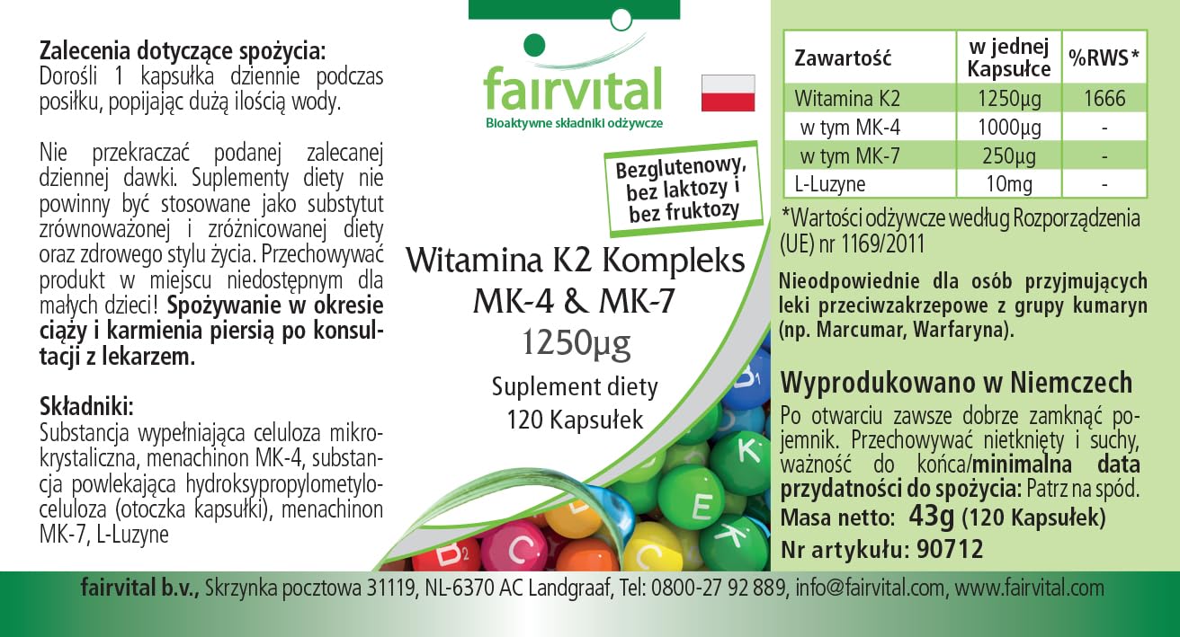 fairvital Complexe de vitamine K2 MK-4 & MK-7-1250 mcg de K2 par gélule, 120 gélules, faciles à avaler, HAUTEMENT DOSÉ, VÉGÉTALIEN, MK-7