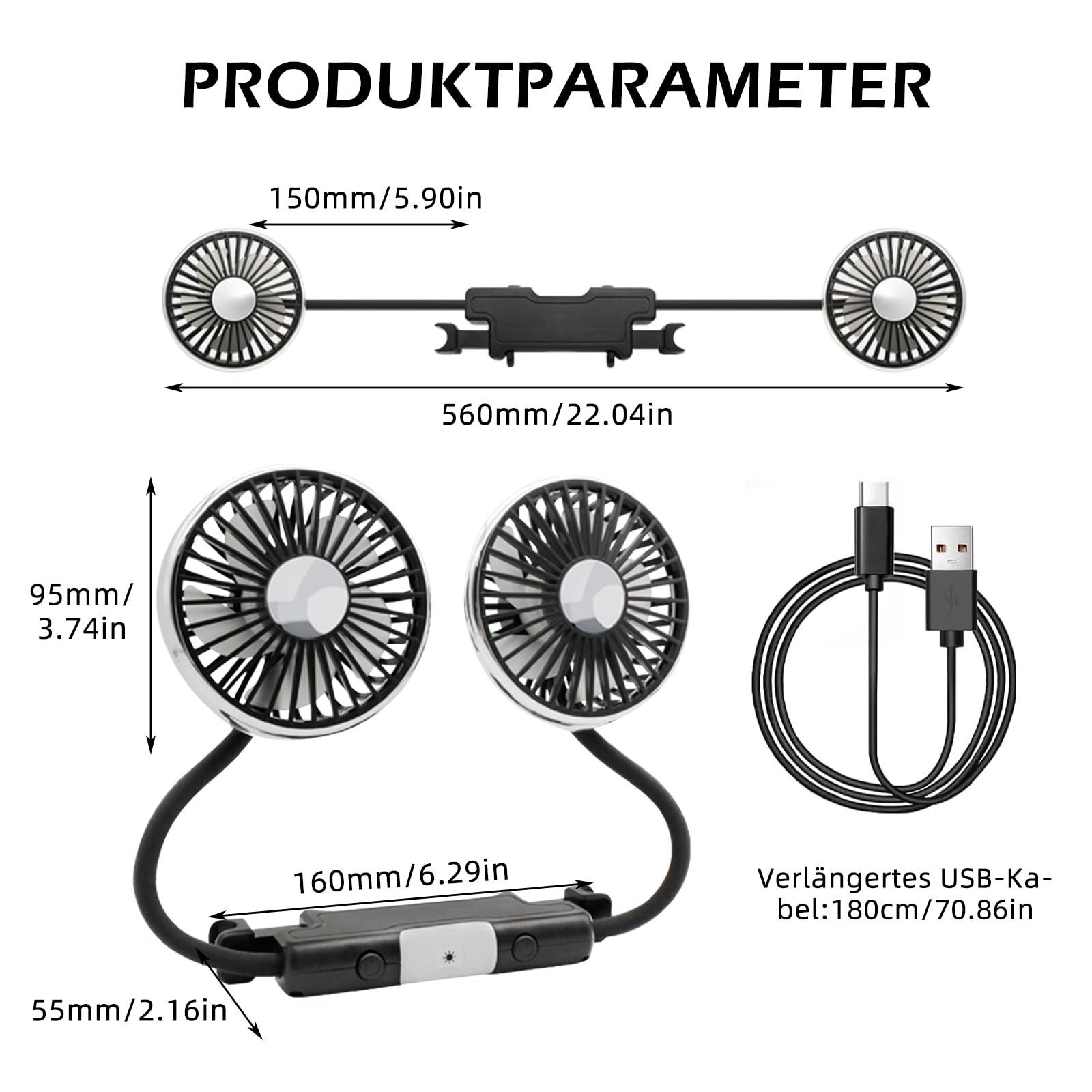 Elektrische autoventilator voor de achterbank, passagier, draagbare autoventilator, hoofdsteun, 360 graden draaibare achterbankventilator, 12 V