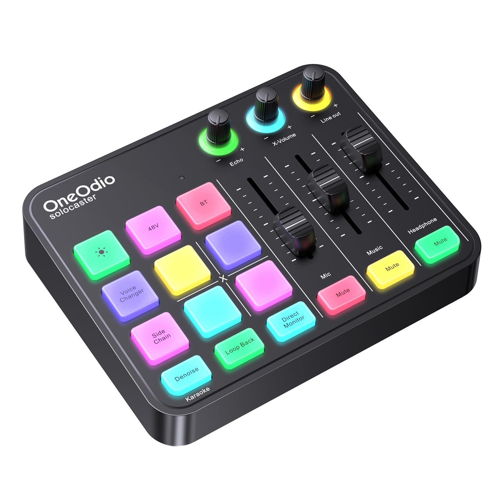 OneOdio Solocaster Mezclador de Audio para Gaming - Interfaz de 5 Canales con Alimentación Fantasma 48V, Bluetooth, Iluminación RGB, 3.5mm/XLR/USB-C, para Streaming/Podcast/Karaoke en PC, Mac y Móvil