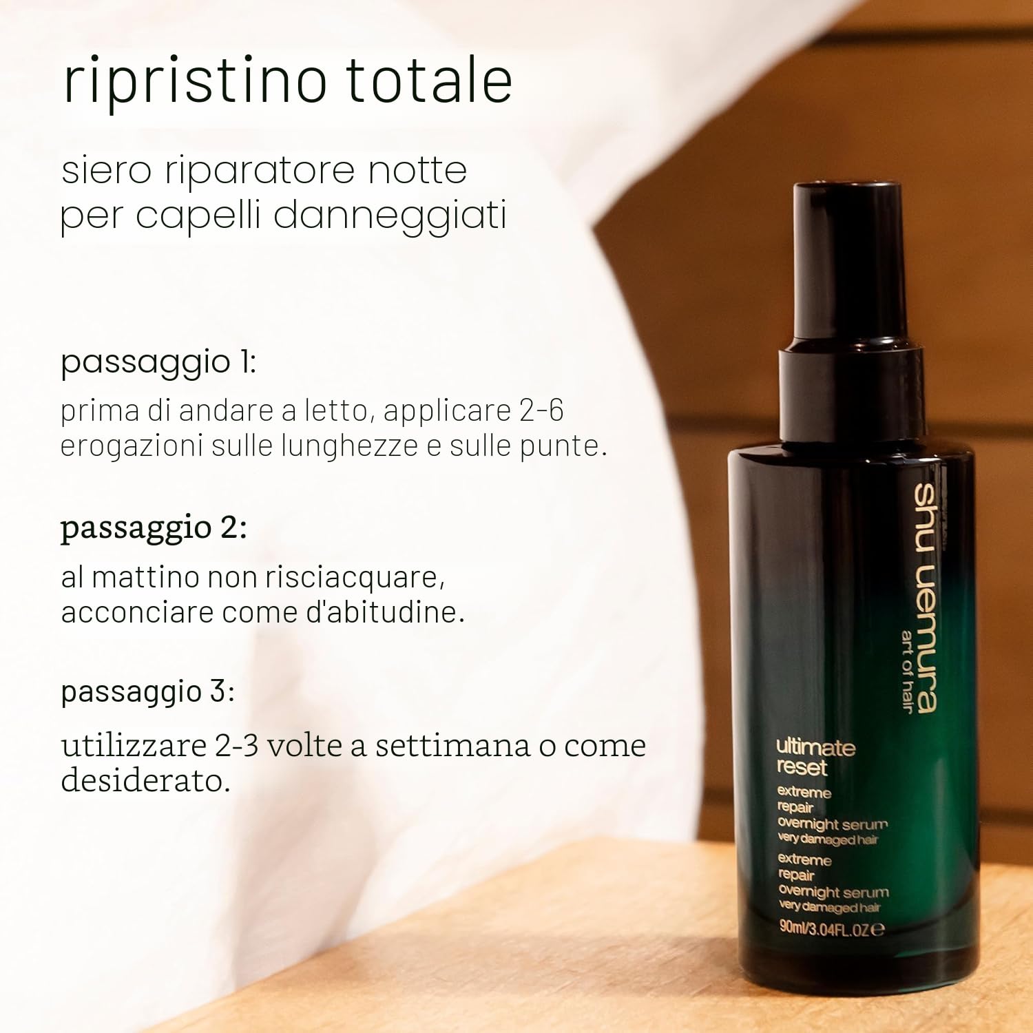 Shu Uemura Art of Hair, Siero Notte Ultra Riparatore, Idratazione Profonda, Protegge e Ripara i Capelli Danneggiati, Arricchito con Estratto di Riso e Peptidi, Ultimate Reset Overnight, 90 ml