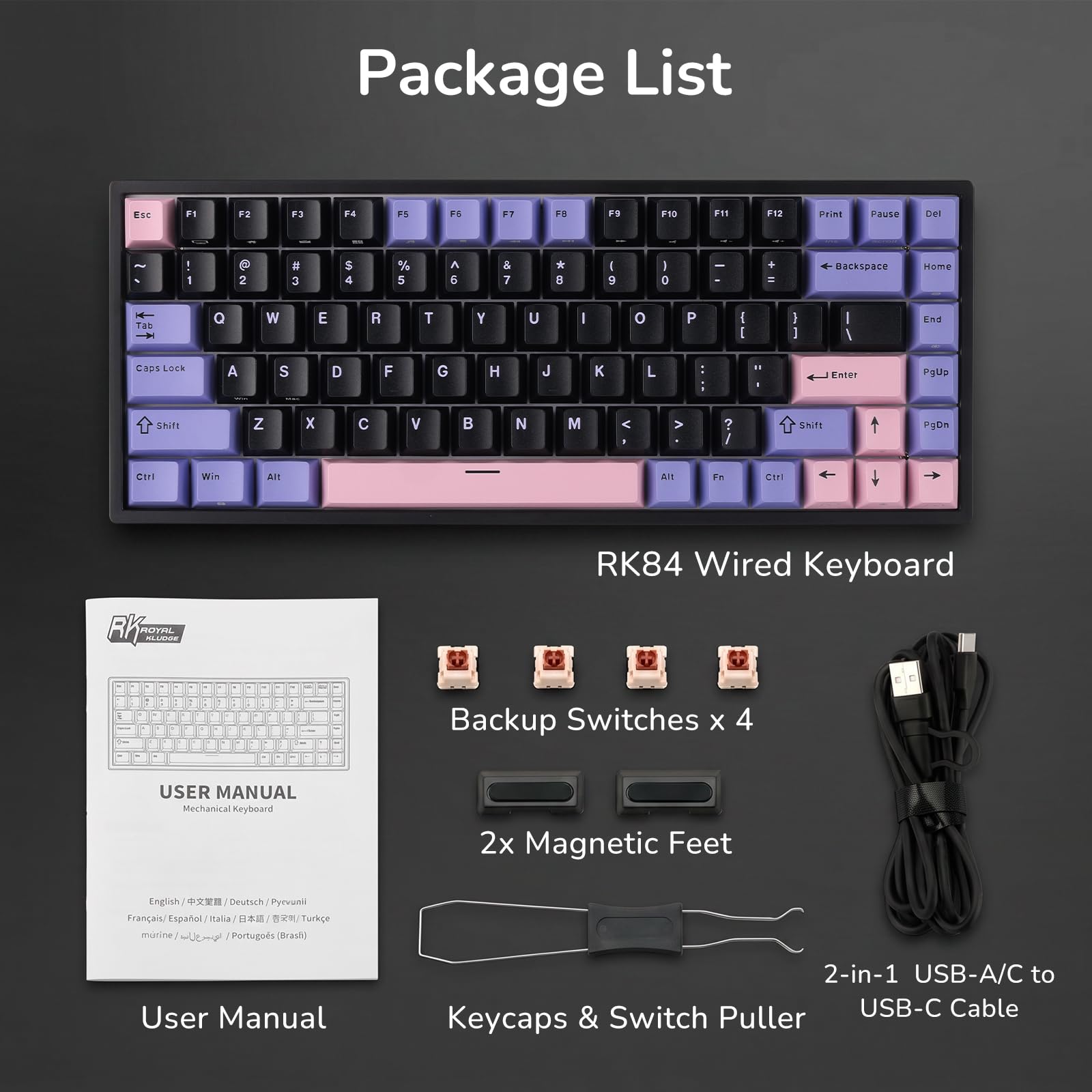 RK ROYAL KLUDGE RK84 – przewodowa klawiatura mechaniczna do gier z 75% układem TKL, podświetleniem RGB i funkcją hot-swap, układ US QWERTY