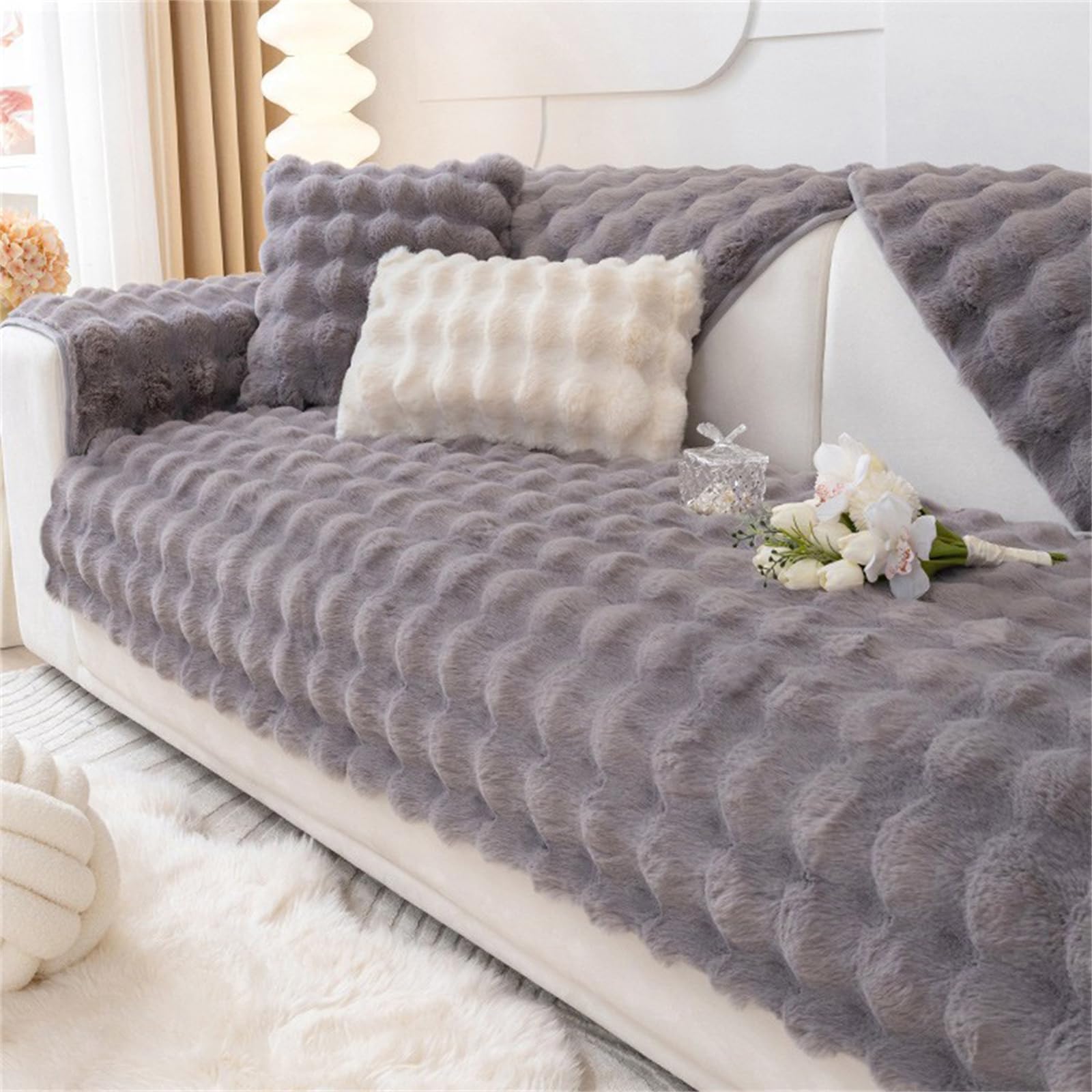 Rabbit Plush Sofa Cover 1 2 3 Seater, Sofa Slipcover Corner L Shape Thick Warm Couch Protector Anti-slip Caravan Seat Cushion Covers for Kids, Pets (Dark Grey,30×50cm Zip-Pillowcover)