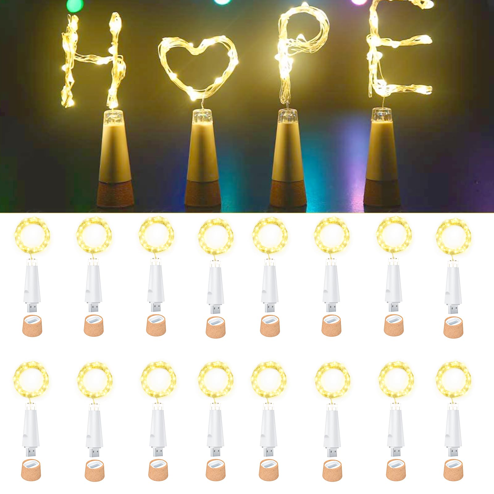 Guirlande Bouteille USB Rechargeable LED Bouchon 20 LEDs Fil de Cuivre pour Décoration Bouteille Vin Table Fête DIY(Blanc chaud, Pack de 16)